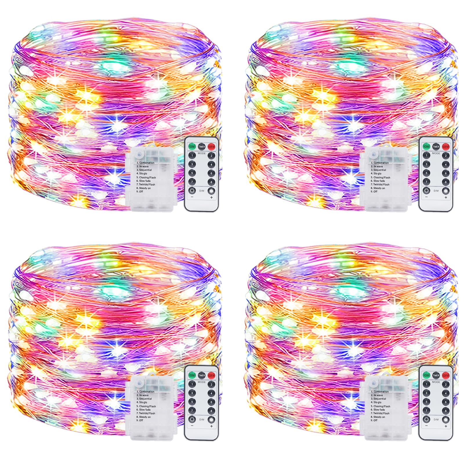 4 Pack Fairy Lights Battery Operated with Remote, Each 39Ft 120LED Battery Powered String Lights with Timer, 8 Modes Waterproof Twinkle Christmas Lights for Bedroom Party Indoor Mason, Multicolor