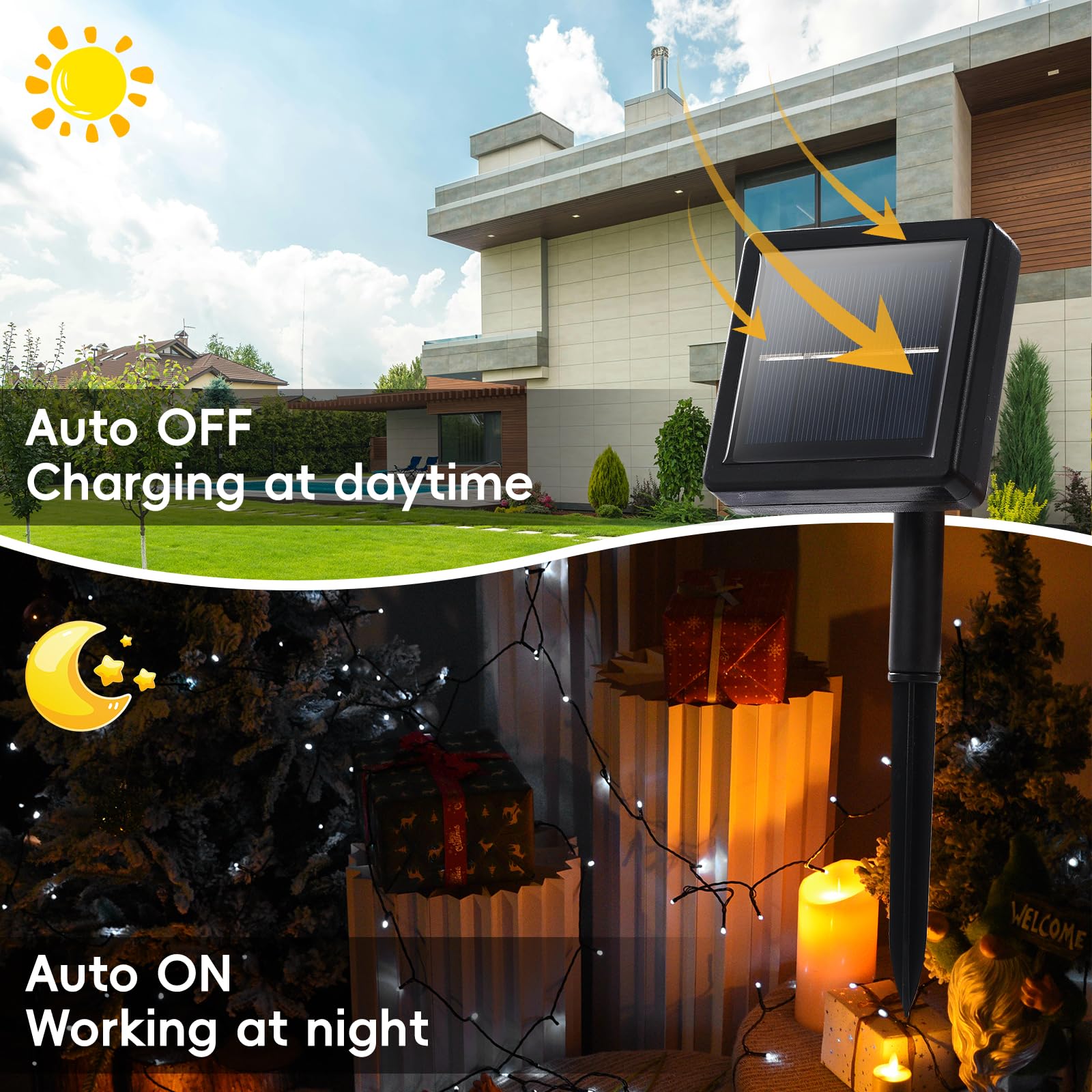 Lycklig Solar Christmas Lights 200 LED - 82ft Waterproof String Lights, 8 Modes, Cool White, Model LY-TYN-PVC-CW-200LED-1P