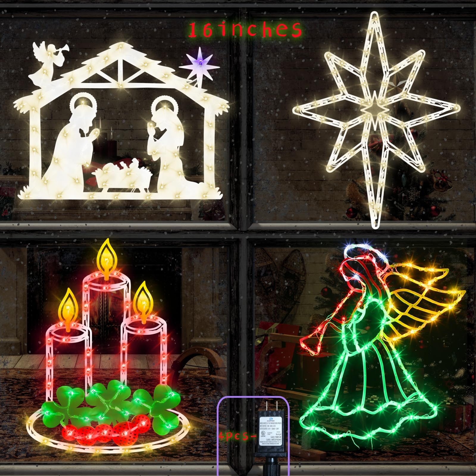 Pytopkto Christmas Decorations - 16" Christmas Window Silhouette Lights - 4 Pack Colour Lighted Nativity & Angel & Bethlehem Star & Candle for Holiday Indoor and Outdoor Wall Door Window Decorate