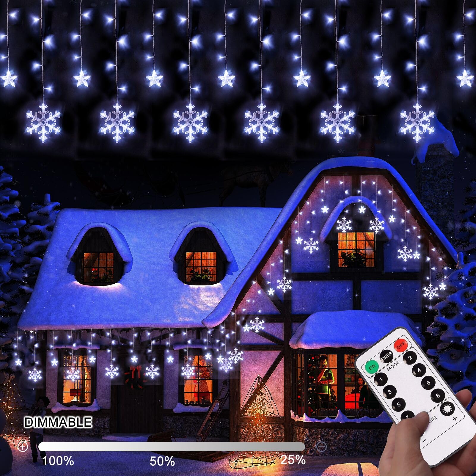 Echosari Christmas Snowflake Lights Battery Powered, 9.8Ft 144Led Hanging Snowflake Icicle Lights With Remote Timer, Waterproof