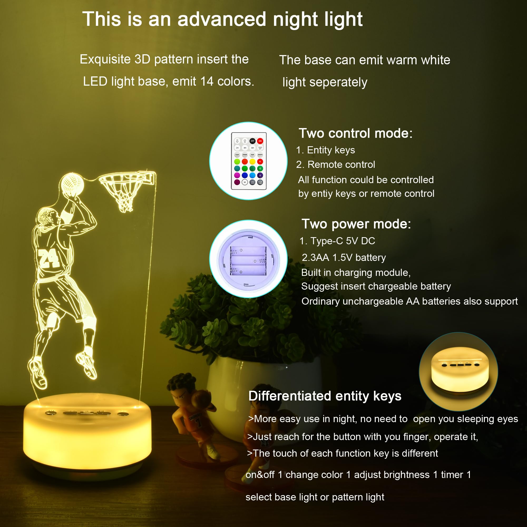 Kymellie Basketball Night Light Basketball Gifts For Boys, Basketball Lover 14 Colors Led Bedroom Sports Decor Lamp With Remote Control/Entity Key/Timer, Birthday Xmas Gifts For Boys&Girls