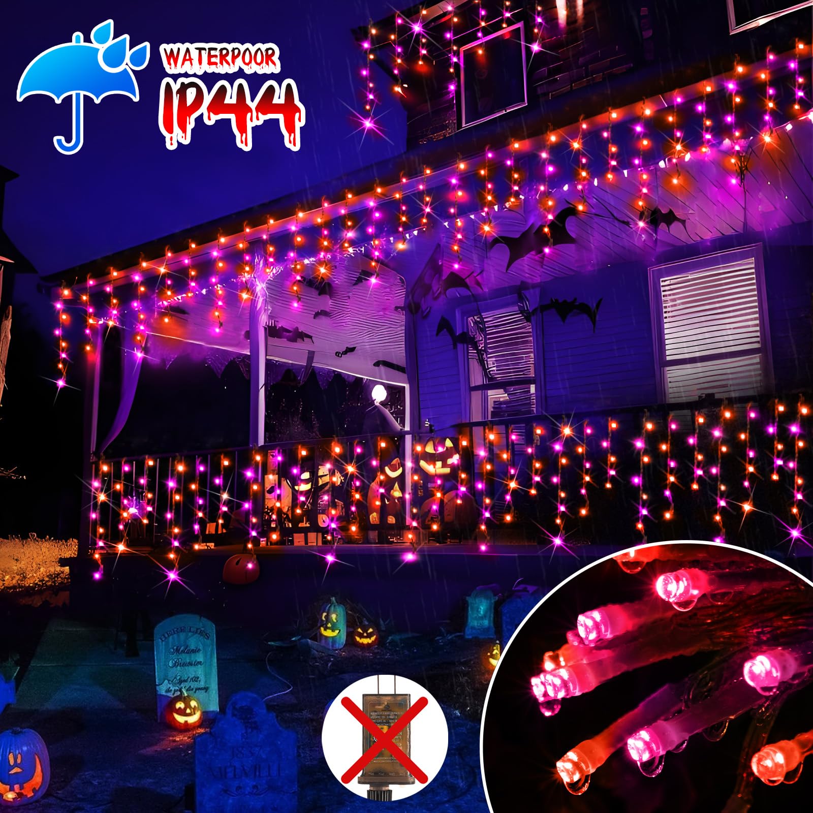 Hezbjiti 400Led Halloween String Lights - Purple & Orange Icicle Lights, 32.8Ft, 8 Modes, Outdoor Decoration For Yard & Garden