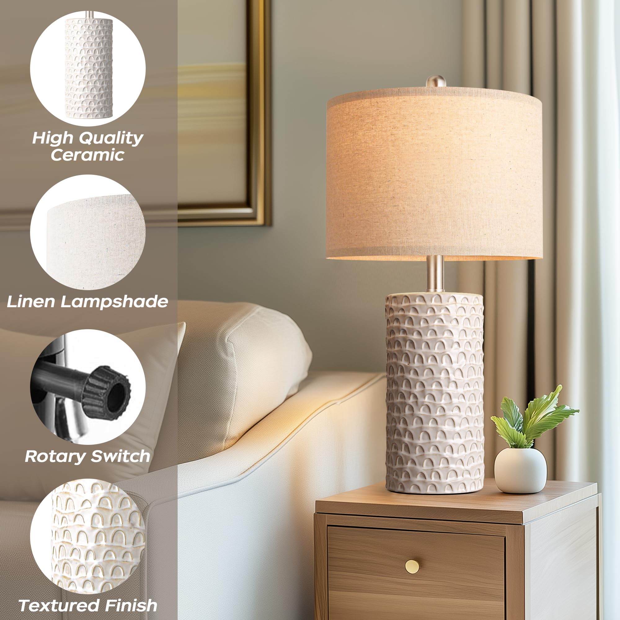 PARTPHONER Modern Ceramic Table Lamp Set of 2, Beige and White, Rustic Farmhouse Design for Living Room and Bedroom, Model STR-DL-0005