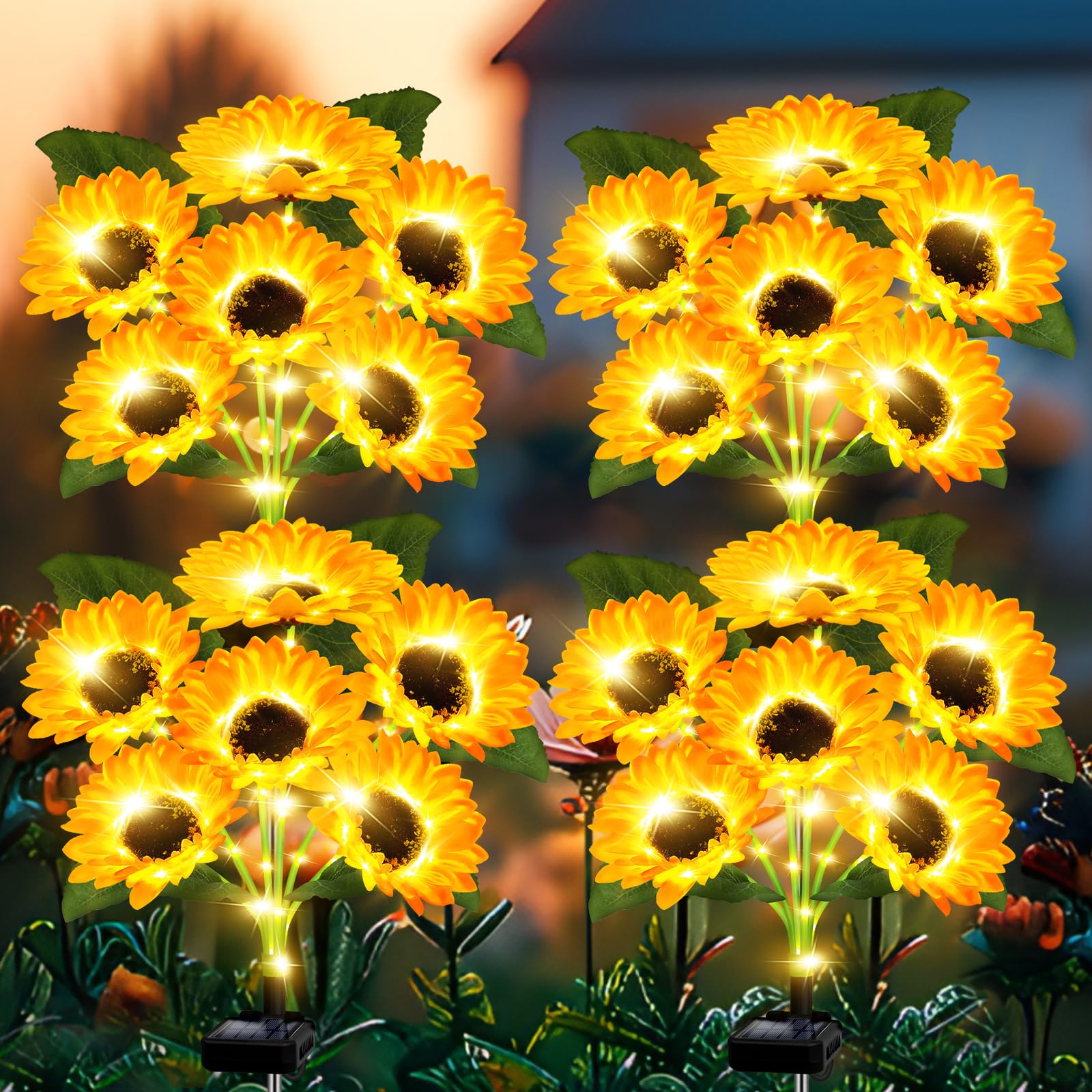 Solar Lights Outdoor Garden Decor,4 Pack With 24 Sunflower Lights,Solar Flowers Lights Waterproof,Sunflowers Gifts For Mom Women