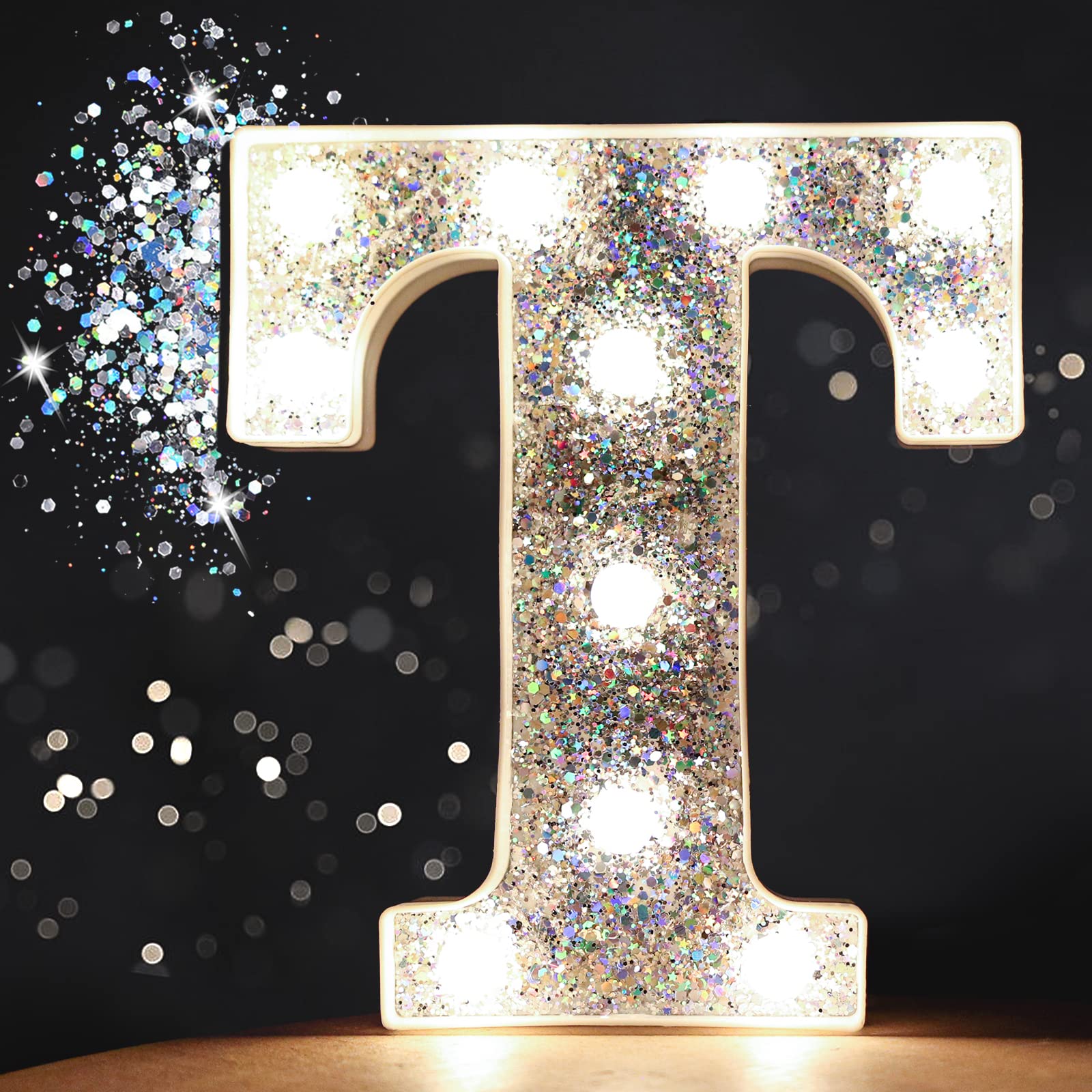Pooqla LED Marquee Letter Lights, Battery Powered Silver Glitter Alphabet Sign for Parties, Weddings, Home Decor, Sequin Silver