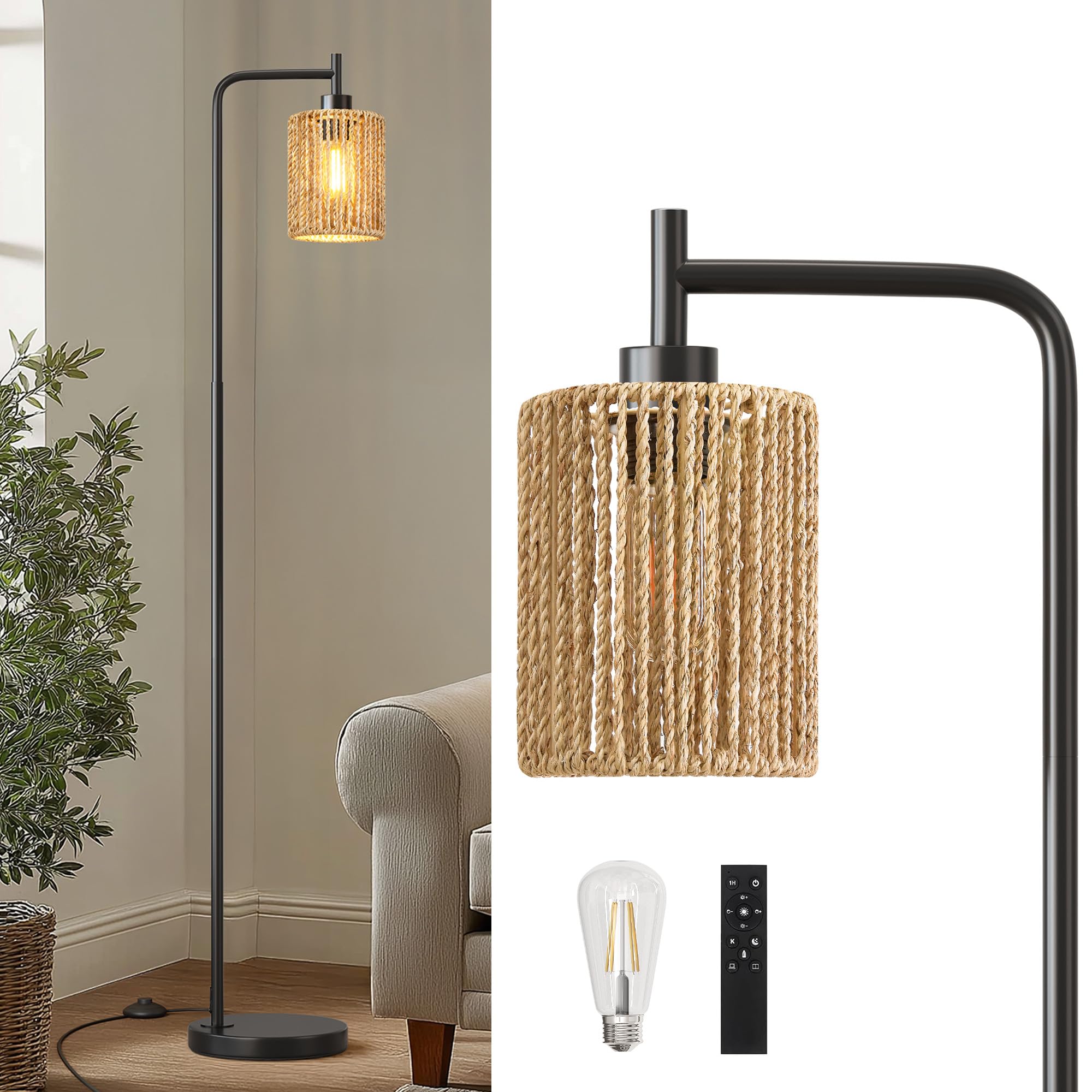 Oneach 66 Black Floor Lamp for Living Room, Boho Floor Lamp with Remote Control and LED Bulb, Rattan Shade, Industrial Tall Farm