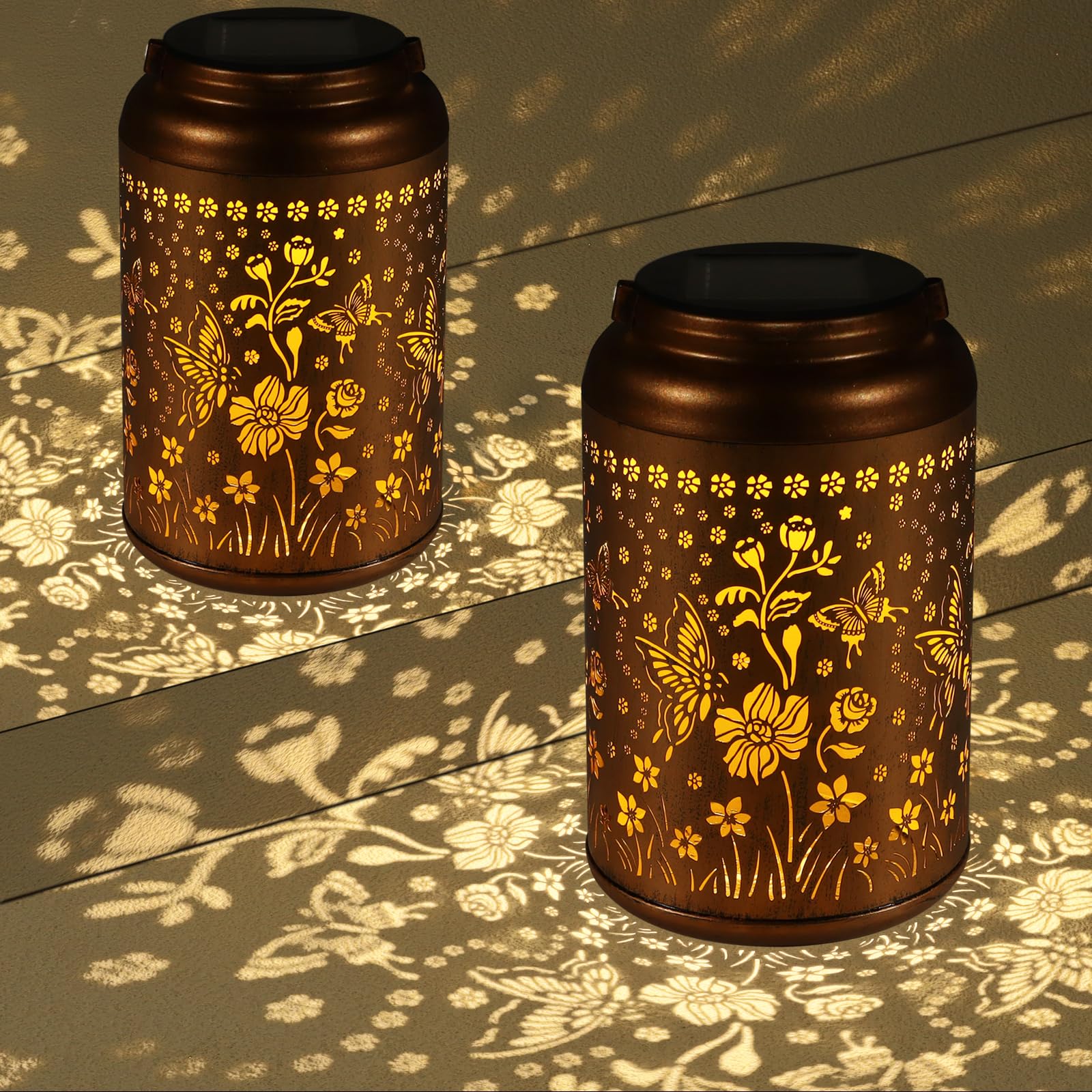 2 Pack Solar Lanterns Outdoor Waterproof  Butterflies Garden Decor Gifts For Women Mom Grandma Hanging Solar Lights Metal Decoration Outside For Yard  Patio