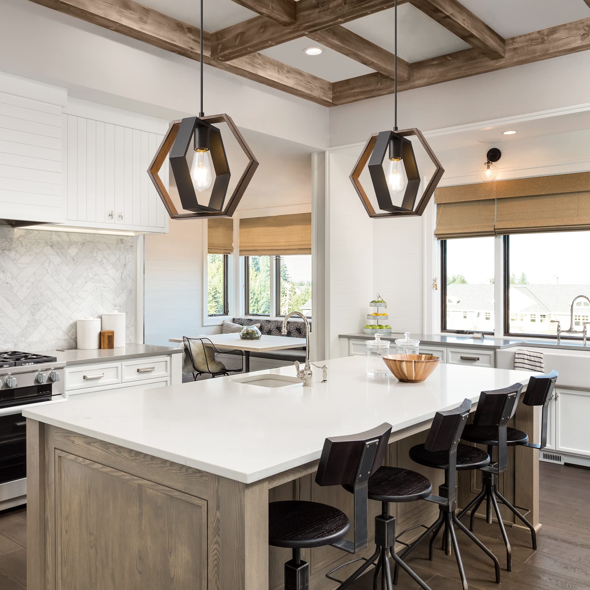 EDISHINE Pendant Lights for Kitchen Island, Farmhouse Hanging Light Fixture with Wood Grain and Black Finish, Adjustable Height