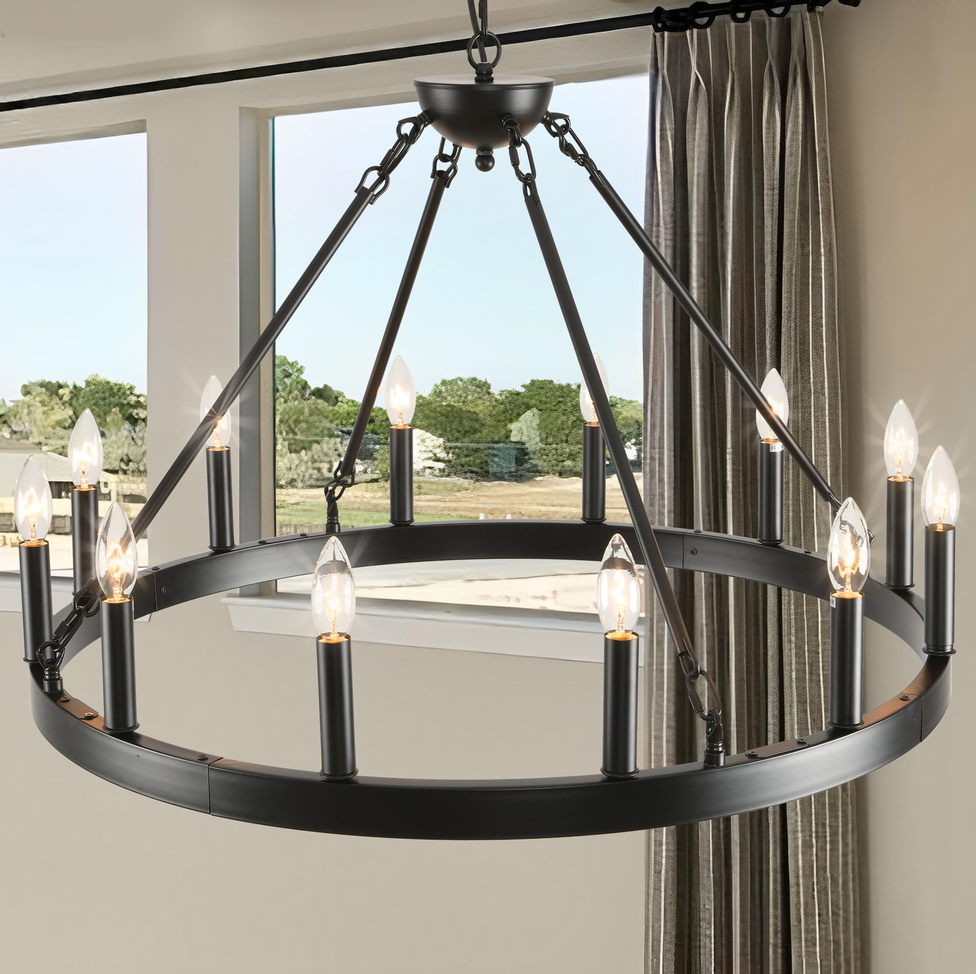 Zbmyrbzj 32&quot; Black Wagon Wheel Chandelier, 12-Light Industrial Ceiling Light For High Ceilings