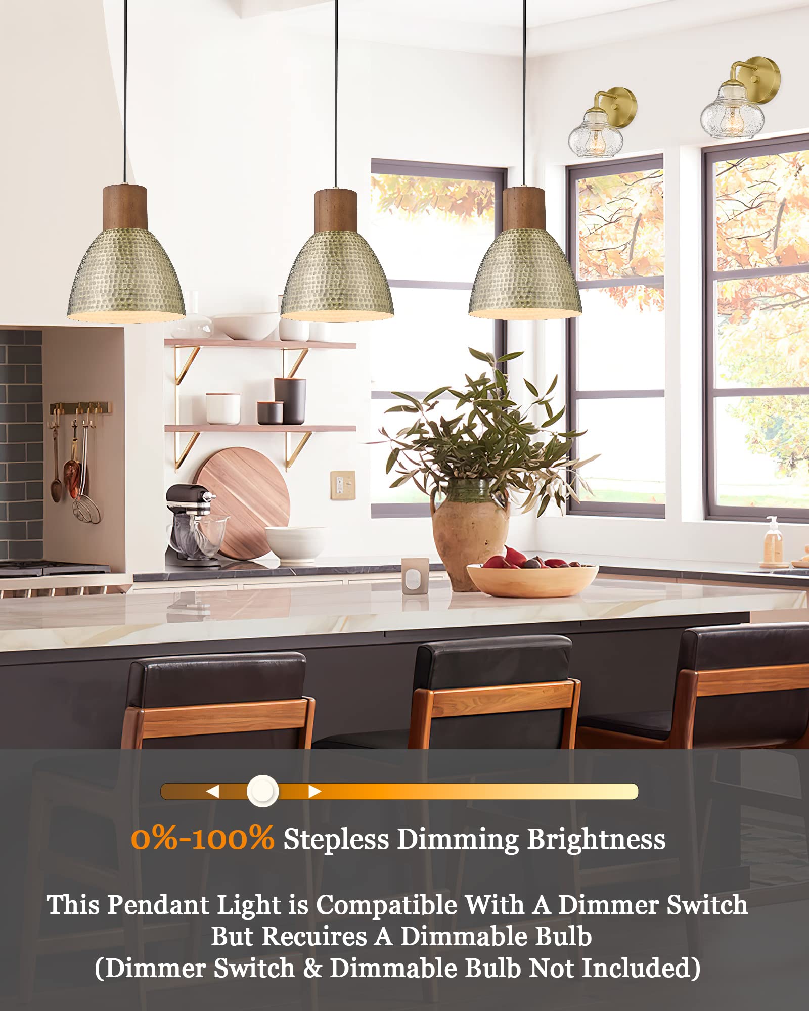 Elyona Vintage Hammered Metal Pendant Lights, Adjustable Height, Antique Gold, 3 Pack, Small