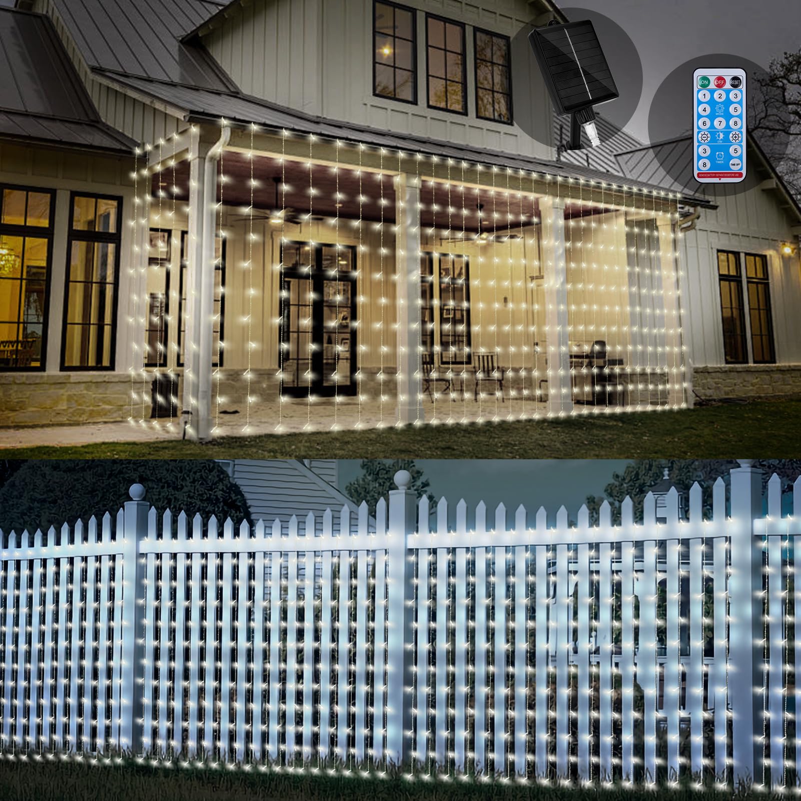 Generic Solar Curtain Lights, 32.8FT x 6.56FT, White, 8 Modes, Copper Material, Outdoor Decoration for Patio, Gazebo, Tree