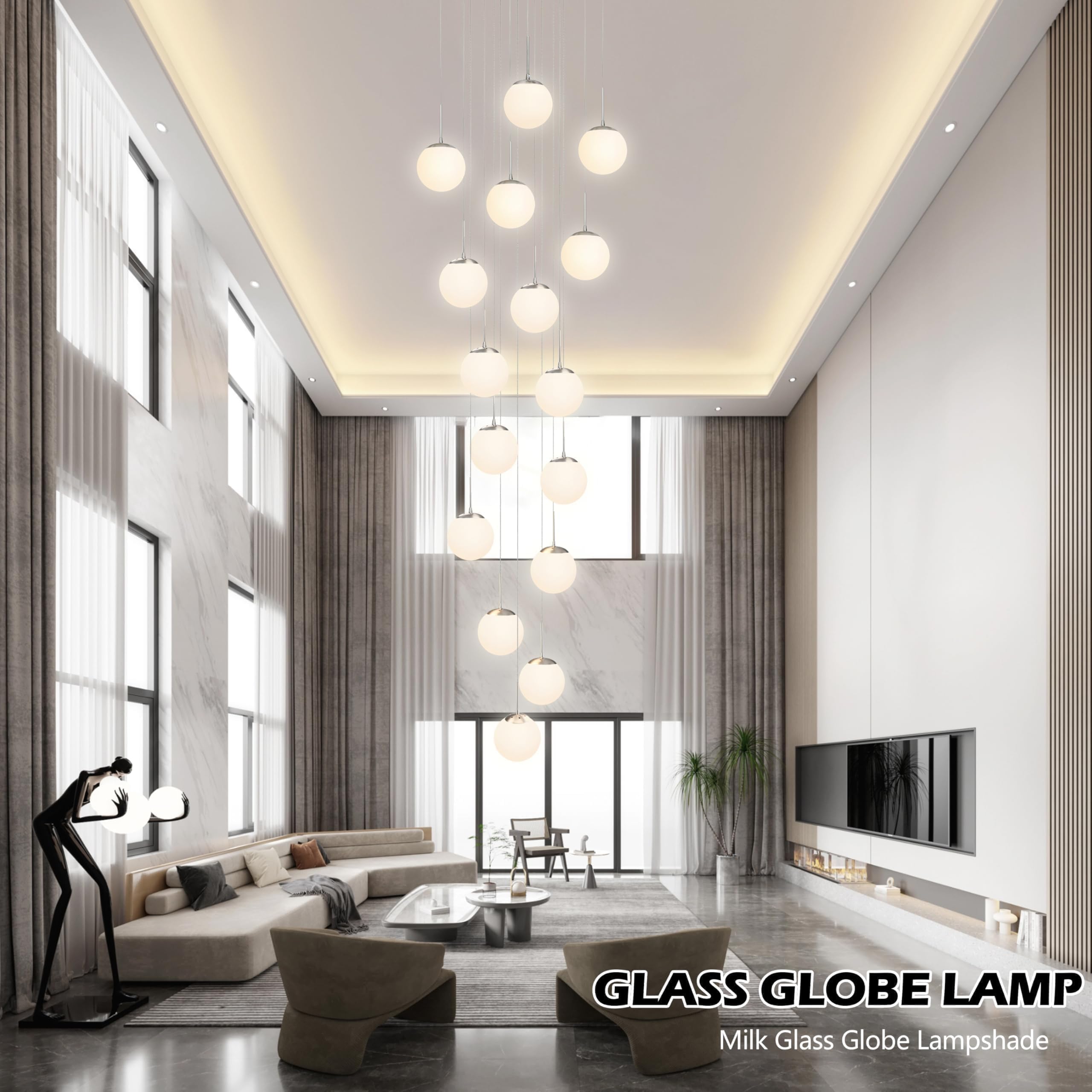Koko&Yukina 16-Light Nickel Mid Century Modern Chandelier For Living Room Staircase Chandelier For Entryway Globe Milky White Gl
