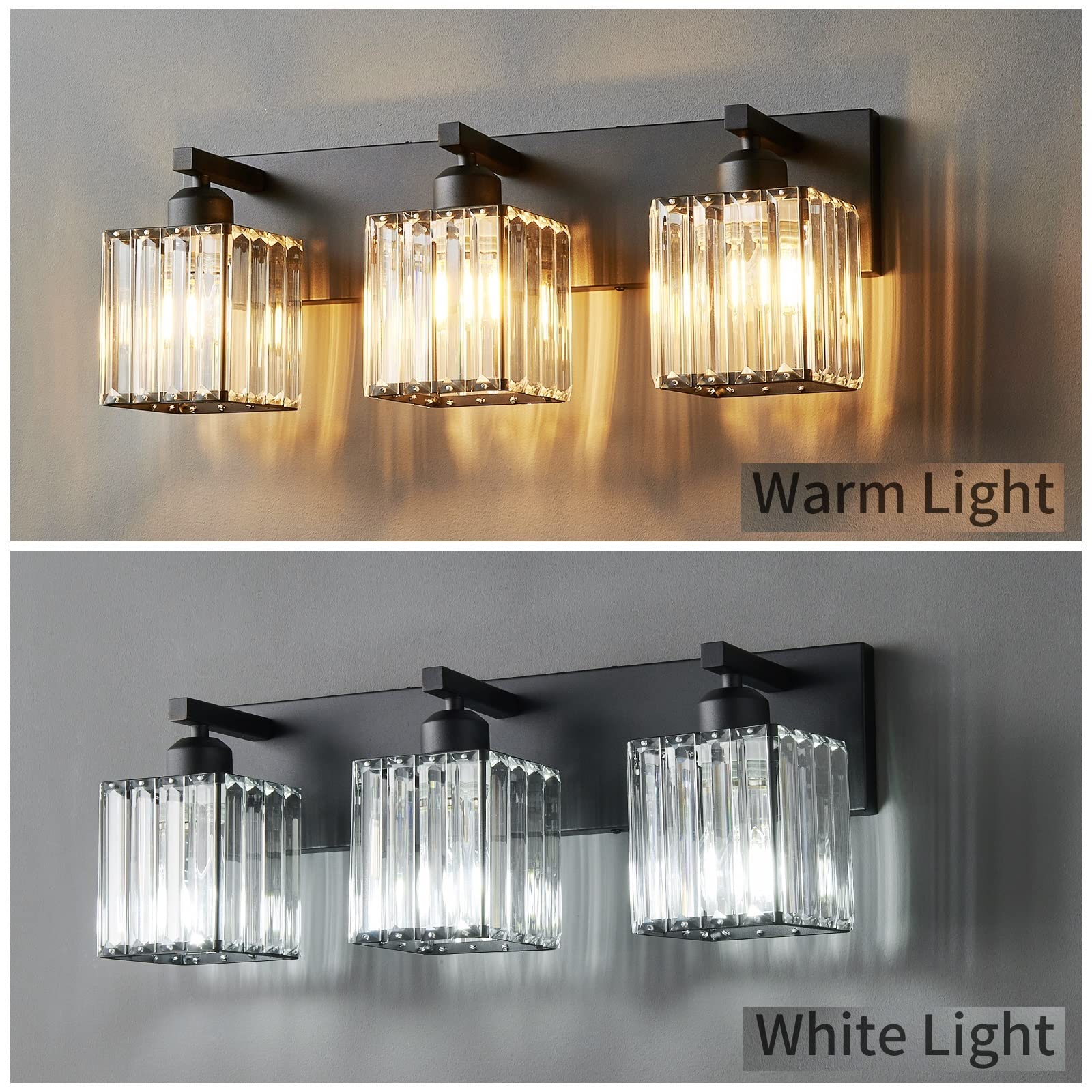 Fdpby Modern Black Crystal Bathroom Vanity Light - 3-Lights Wall Light Fixture
