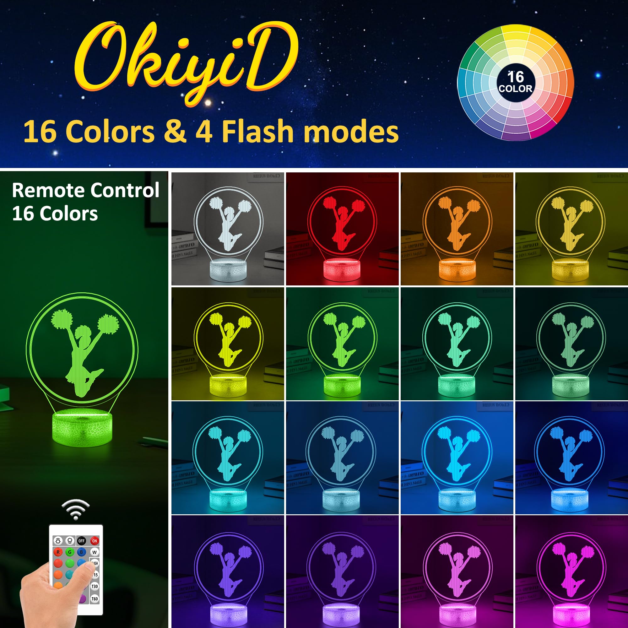 OkiyiD 3D Cheerleader Night Light Lamp with 16 RGB Colors, Remote Control & Timer, Acrylic Decor for Girls' Room, Model FS-2810-9999