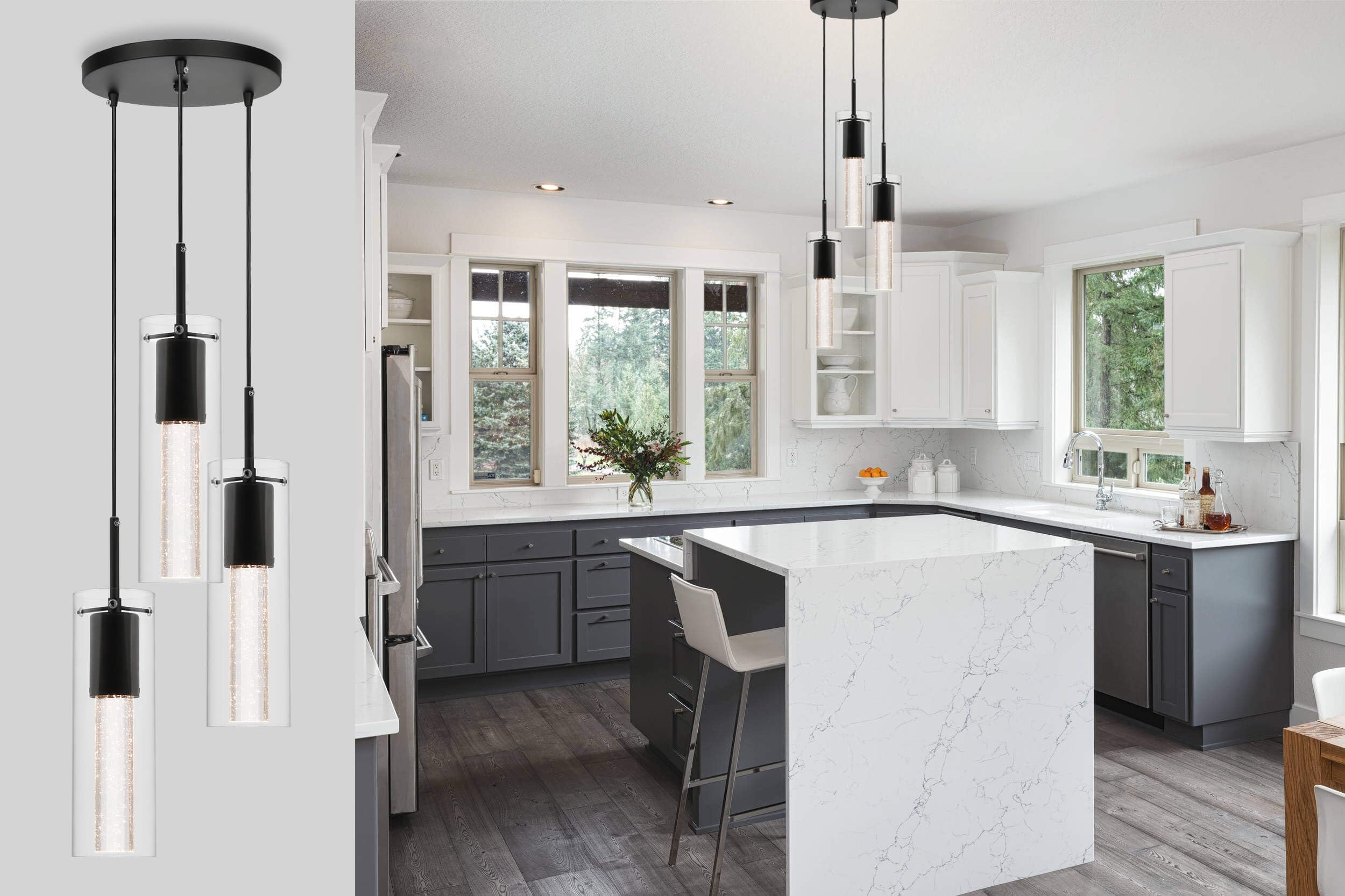 Xinbei Lighting Pendant Light, Modern 3 Light Cluster Kitchen Island Pendant Lighting With Led Bulb & Bubble Crystal, Matte Blac