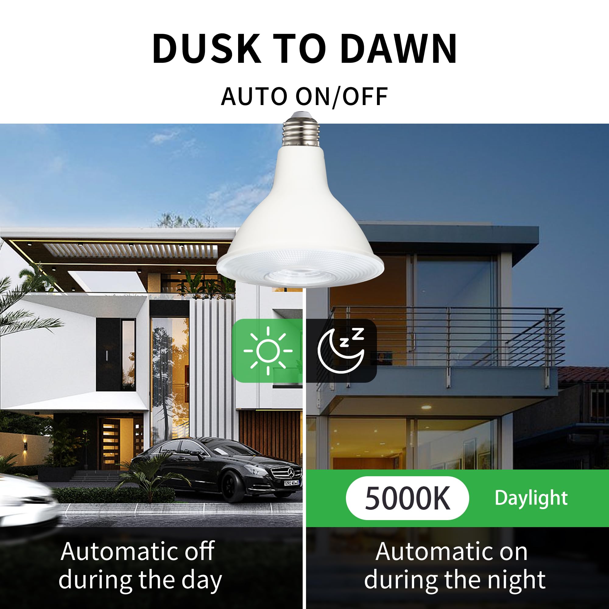 Qualilux Dusk to Dawn PAR38 LED Light Bulbs, 17W, 150W Equivalent, Auto On/Off, Daylight 5000K, E26, 2-Pack