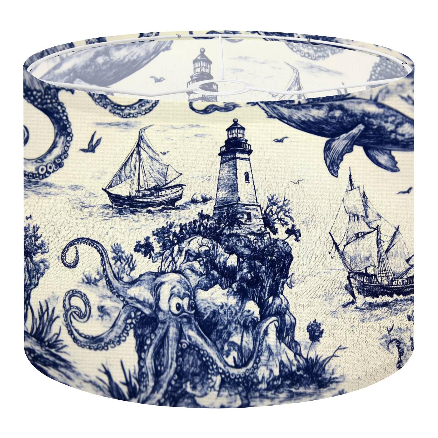 Drum Lamp Shade Blue Deep Sea Toile Lighthouse Sailing Ships Octopus Whale Seagulls Lampshade 8.9x11x11 for Table Lamps Floor La