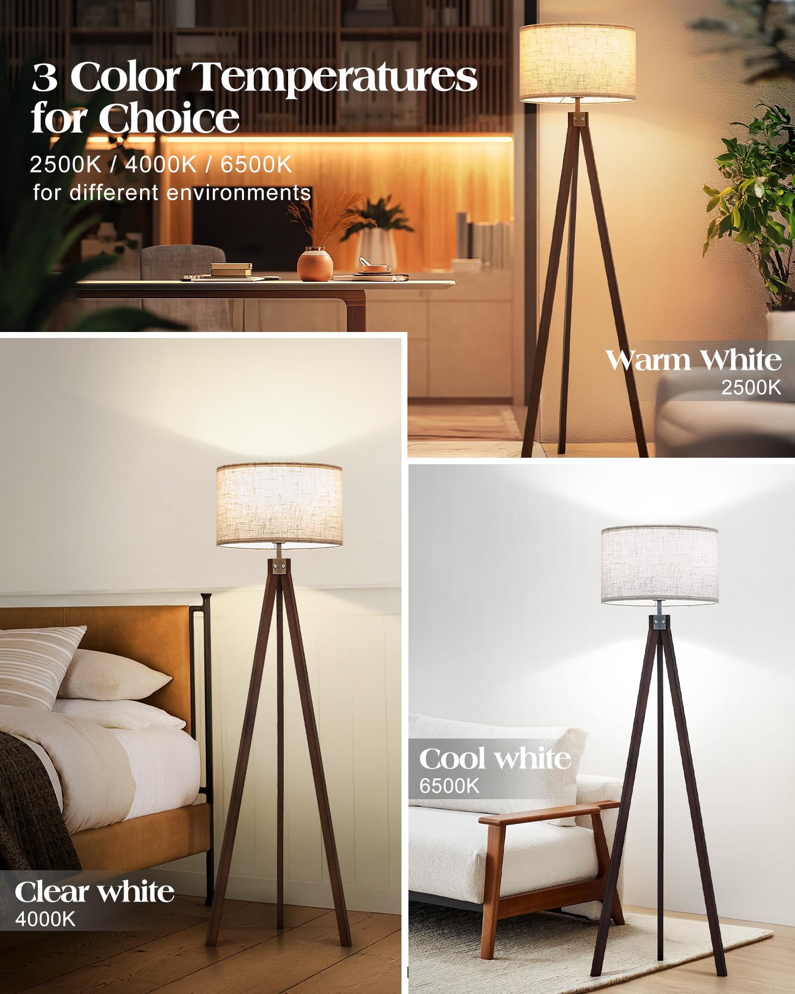 Elyona Wood Tripod Floor Lamp, Mid Century Modern Reading Standing Light, Tall Studying Light With 3 Color Temperatures Led Bulb