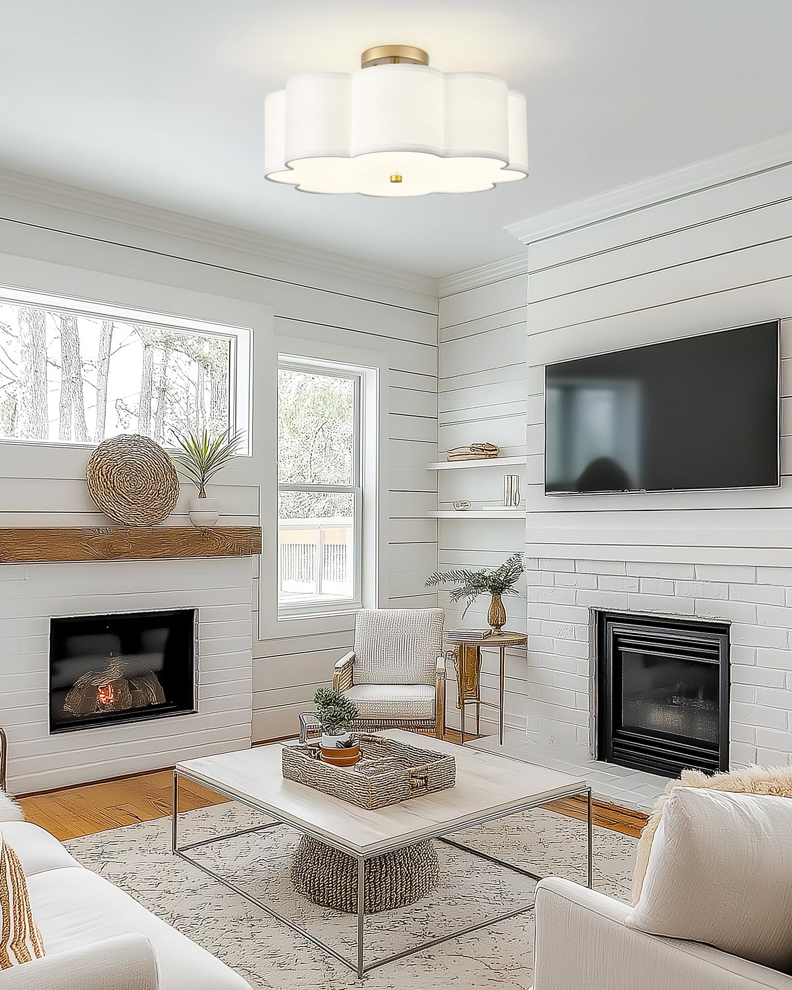 Audickic Gold Semi Flush Mount Ceiling Light, 3-Light 13'' Ceiling Light Fixtures With Fabric Shade In Flower Shape, Farmhouse B