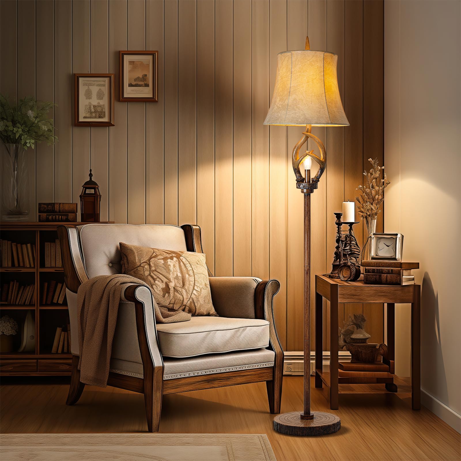 Rustic Farmhouse Antlers Floor Lamp With Night Light Faux Leather Bell Shade Brown Finish Tall Industrial Tall Standing Lamp Decor For Living Room Bedroom Hotel Office (Bulb Included)