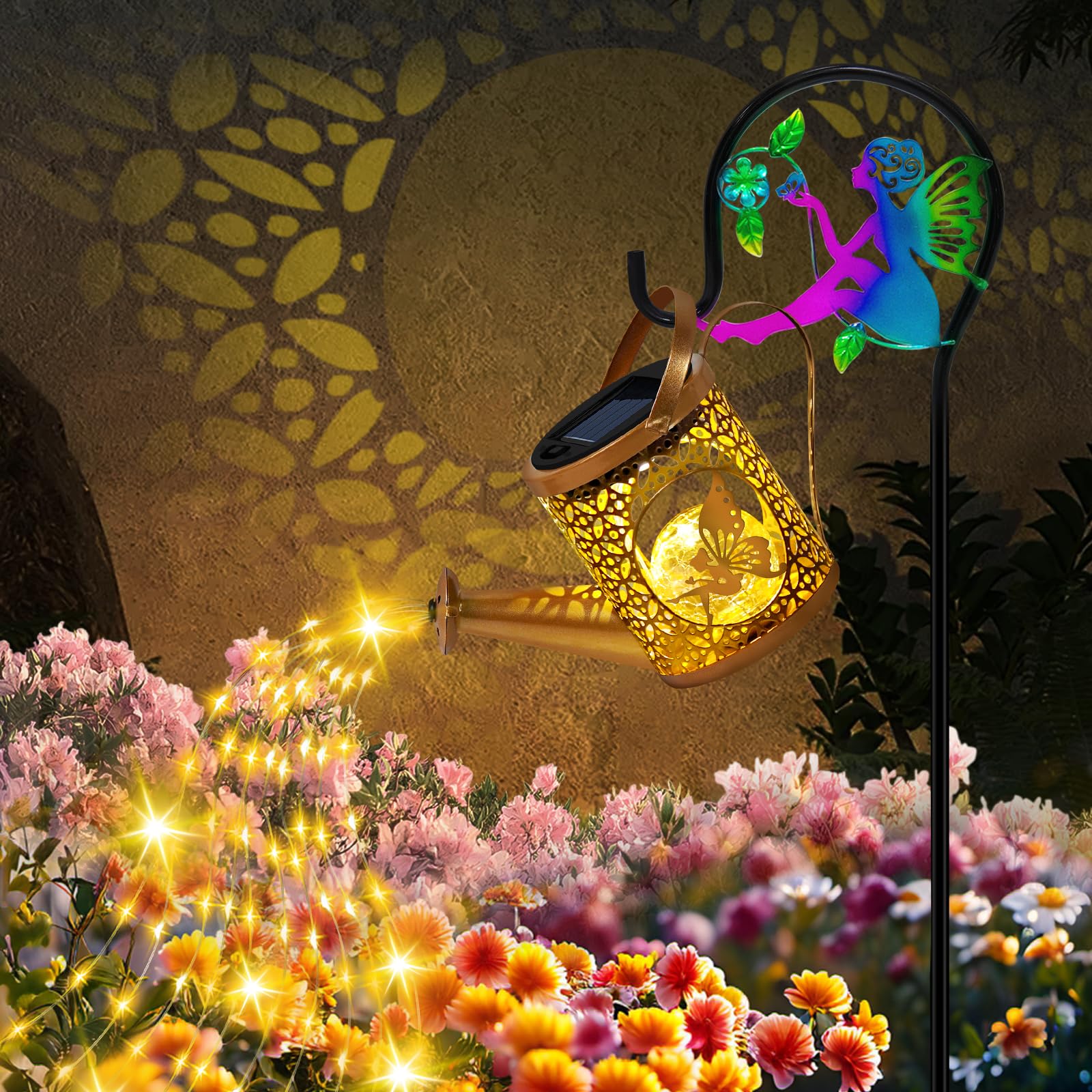 ostritec Solar Lights Outdoor Decorative, Solar Watering Can with Cascading Lights, Waterproof Metal Solar Lantern with Fairy Sh