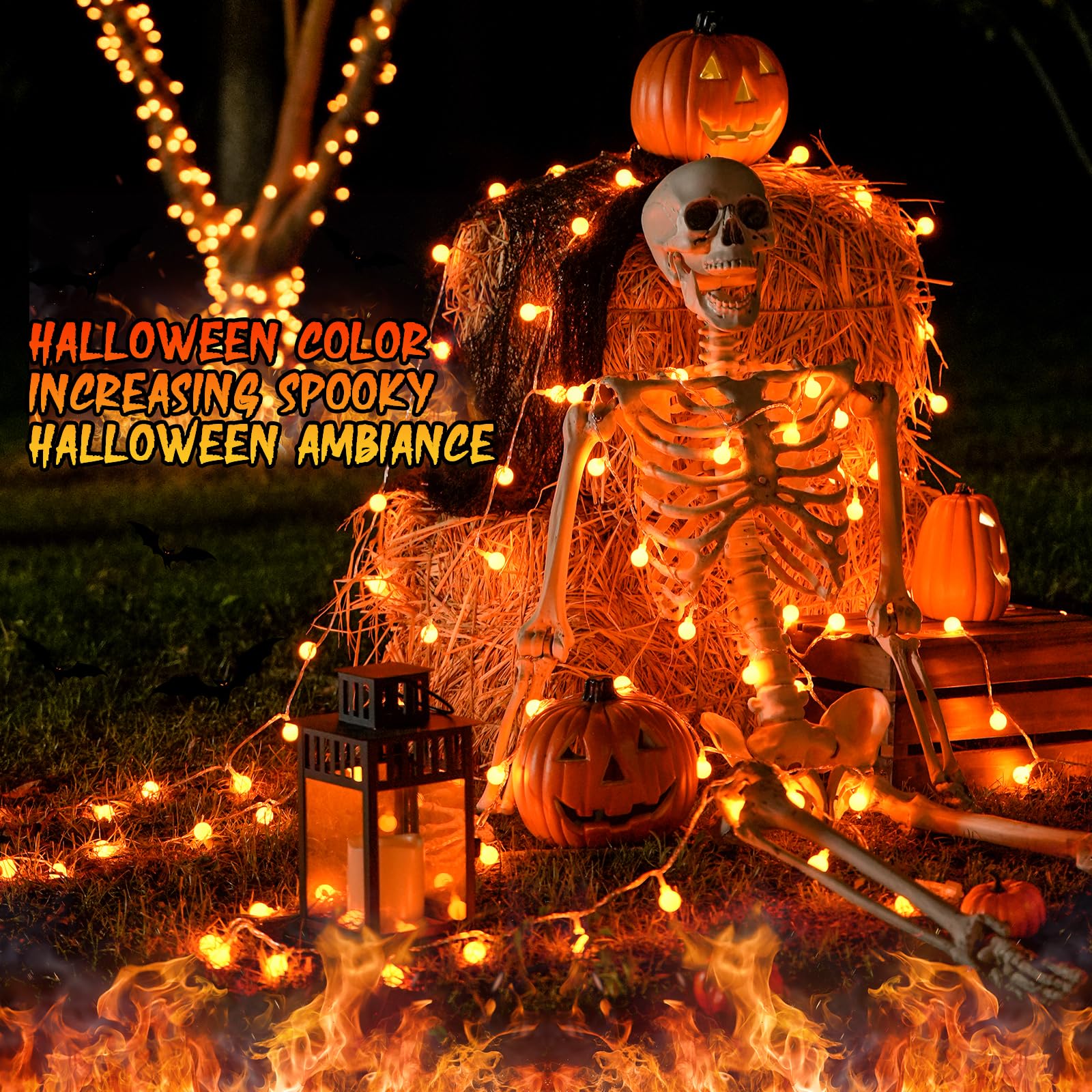 JMEXSUSS Orange Halloween String Lights Indoor, Connectable 100 LED Globe String Lights Plug in with Remote, 33ft 8 Modes Orange