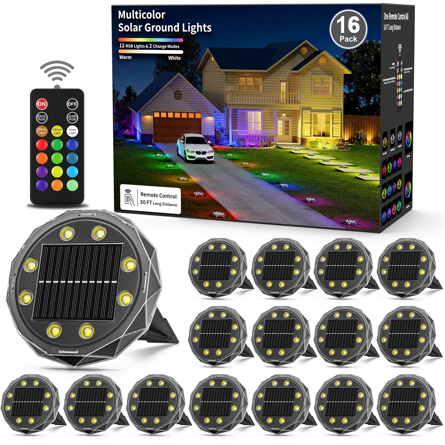 Hicotet Solar Ground Lights, 50ft Remote Control, IP67 Waterproof, 15 Multi Color, 16 Pack, Black, Model LNM-CPD-01
