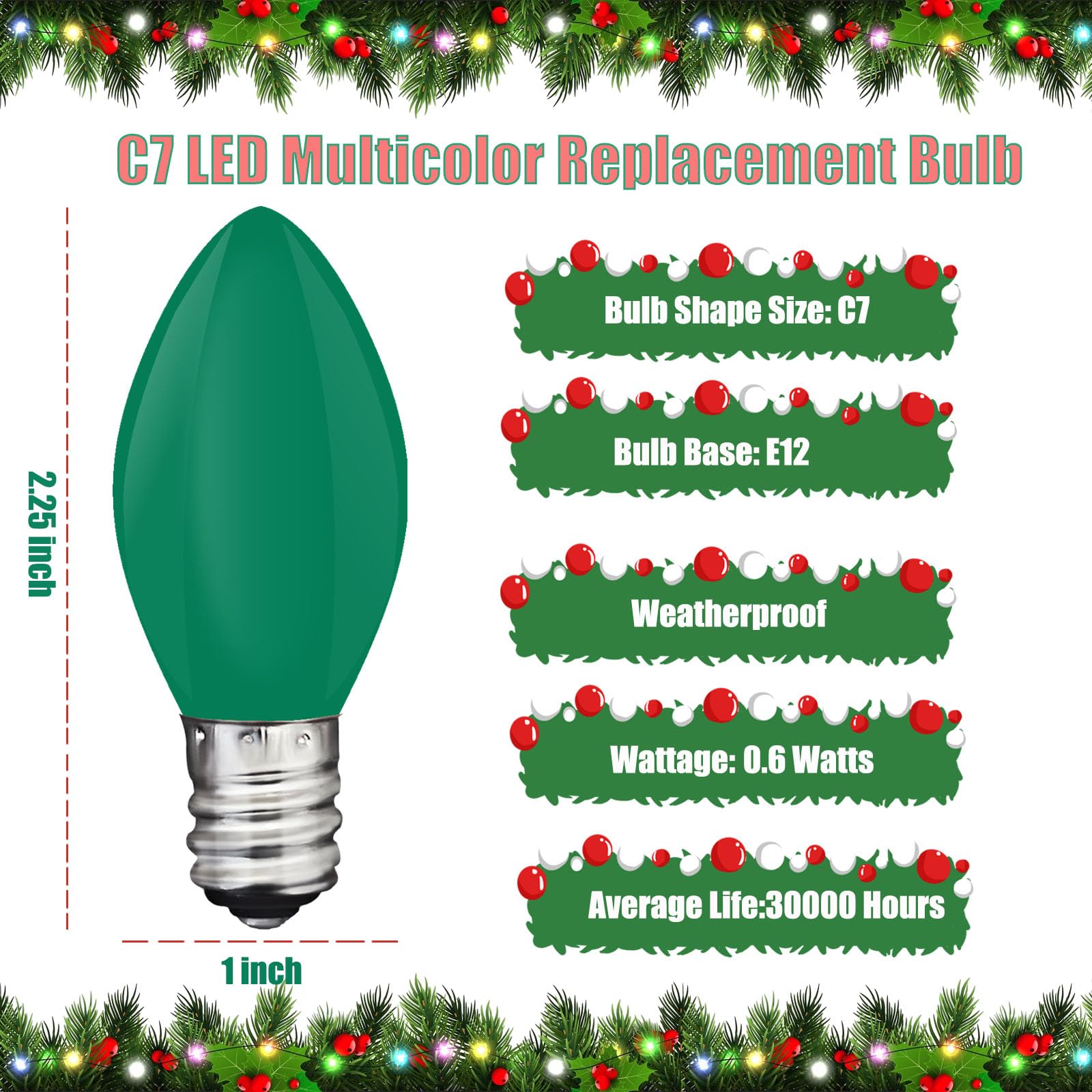 25 Pack C7 Led Multicolor Christmas Replacement Light Bulbs For Outdoor String Lights, E12 Candelabra Base Bulbs, 0.6W Energy-Ef