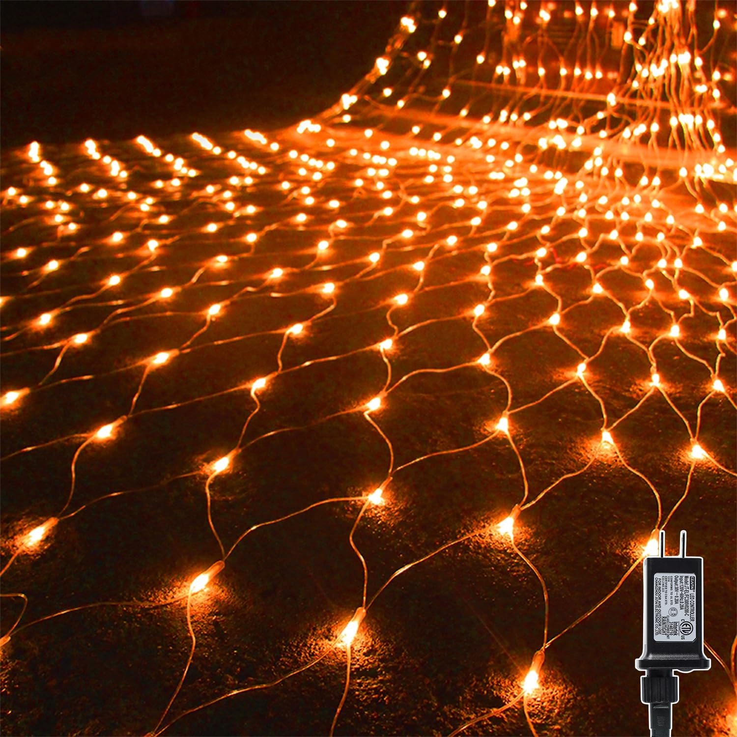 WATERGLIDE Outdoor Halloween Net Lights, 12FT x 5FT, 360 LED, 8 Modes, Orange, Model HB-360WCOI