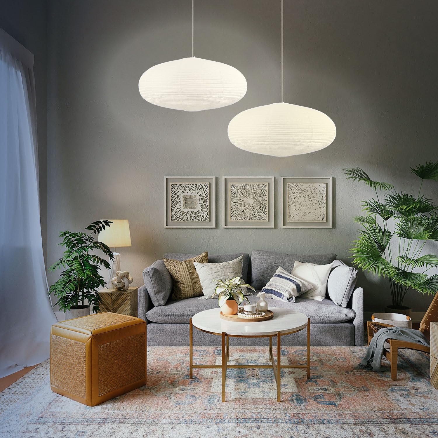 White Oval Paper Lanterns-16.54'' Large Hanging Paper Lantern Lamp, Chinese/Japanese Paper Pendant Lampshade For Party Decoratio