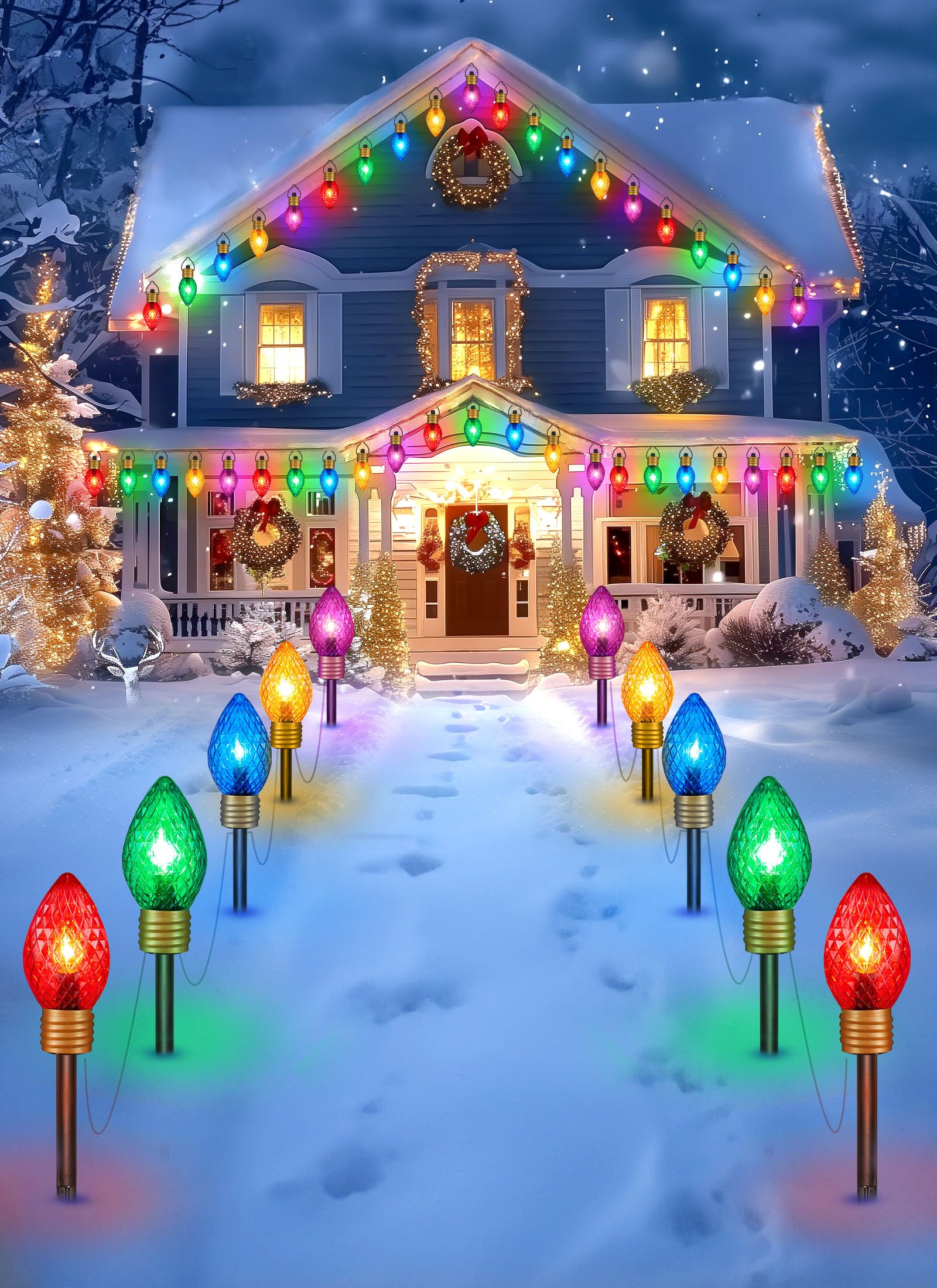 Minetom C7 Christmas Jumbo Lights 10.5ft 2 Pack Multicolor Bulb Outdoor Pathway Decorations