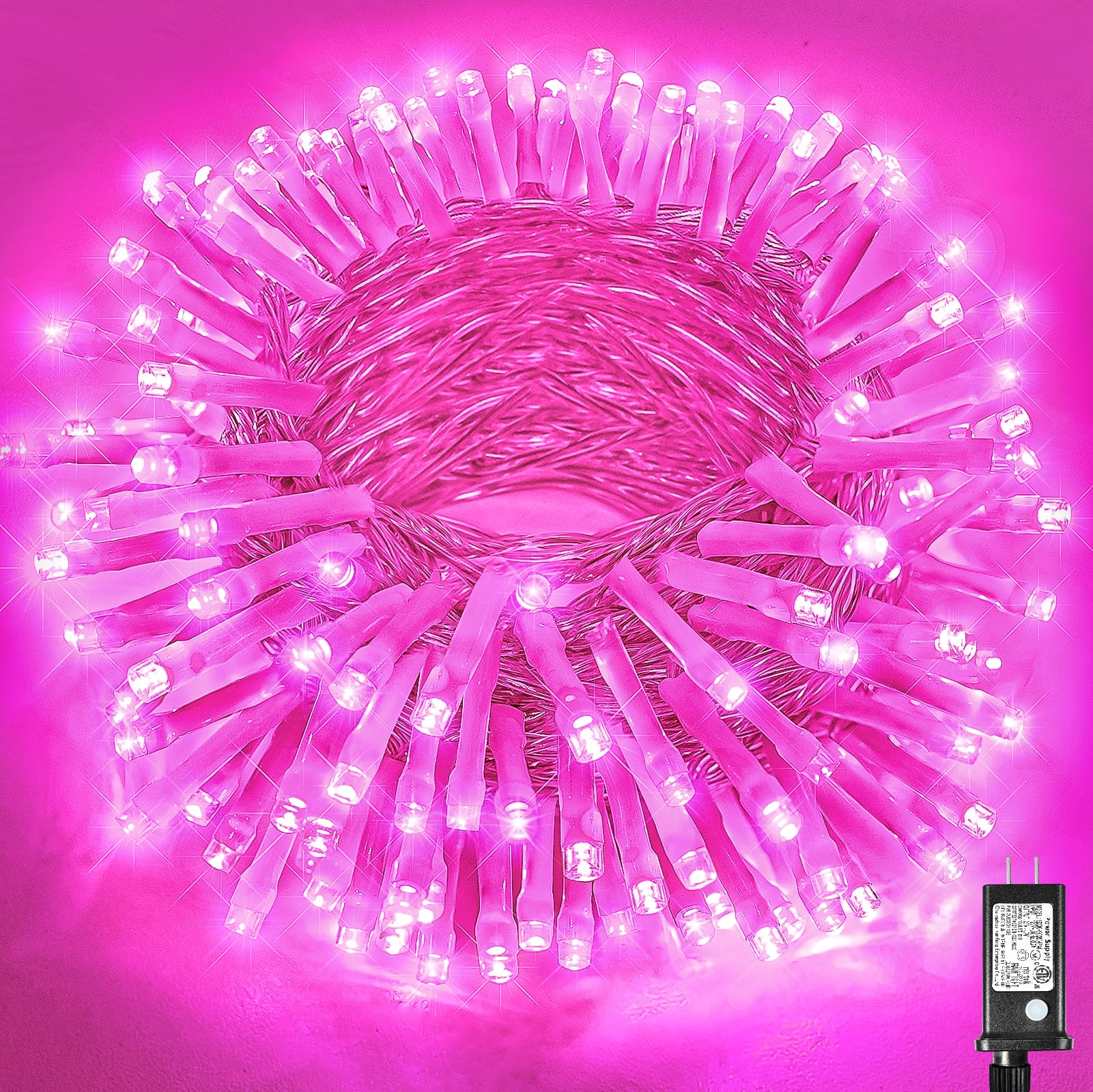 200 LED Pink String Lights, 66ft Pink Christmas Lights Outdoor Waterproof 8 Modes Clear Wire, Connectable Plug in Twinkle Fairy 