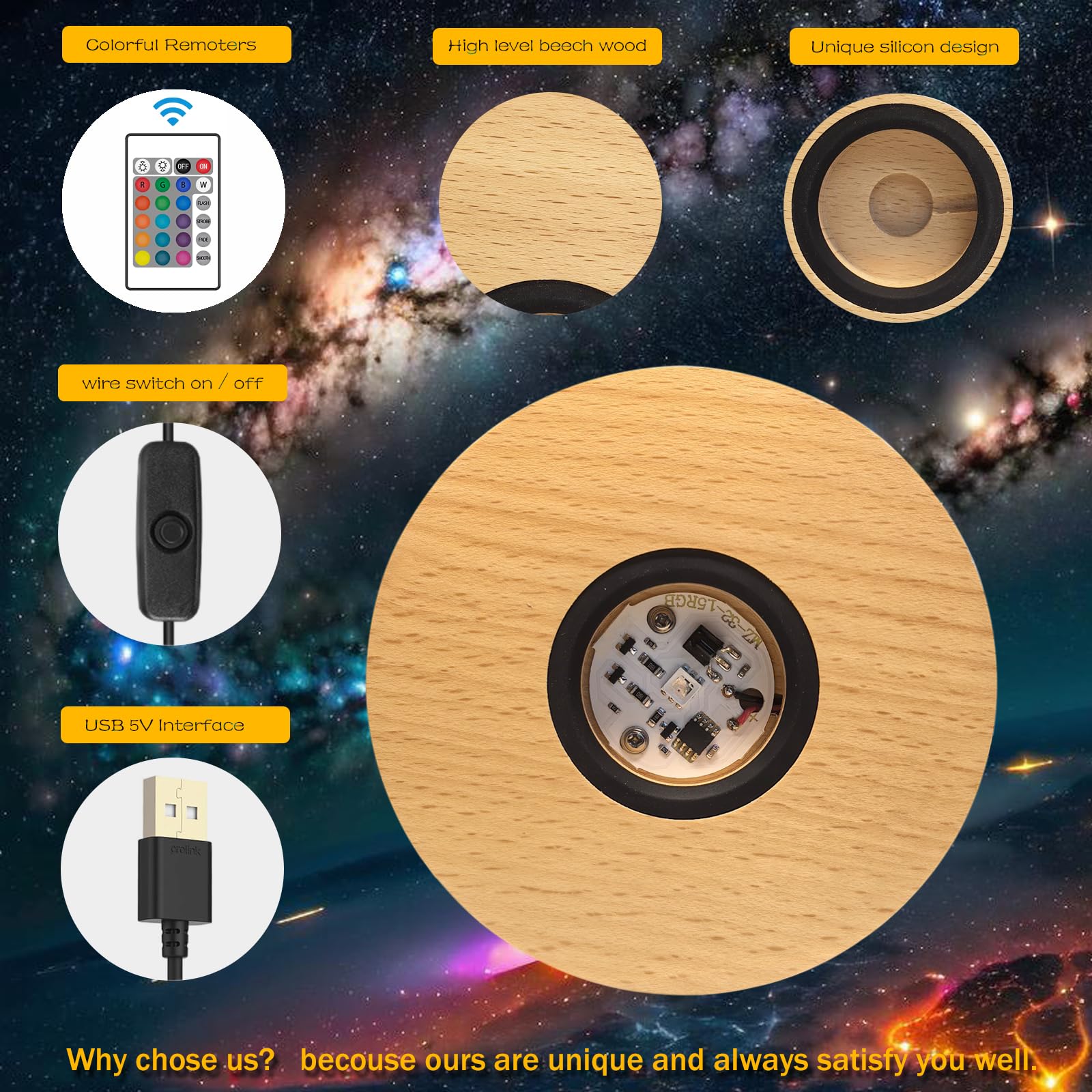 Myouke 4 Inch Led Light Base Display Base Round Lighted Display Stand,16 Colored Usb Light Table Light Base Wood Crystal Light G