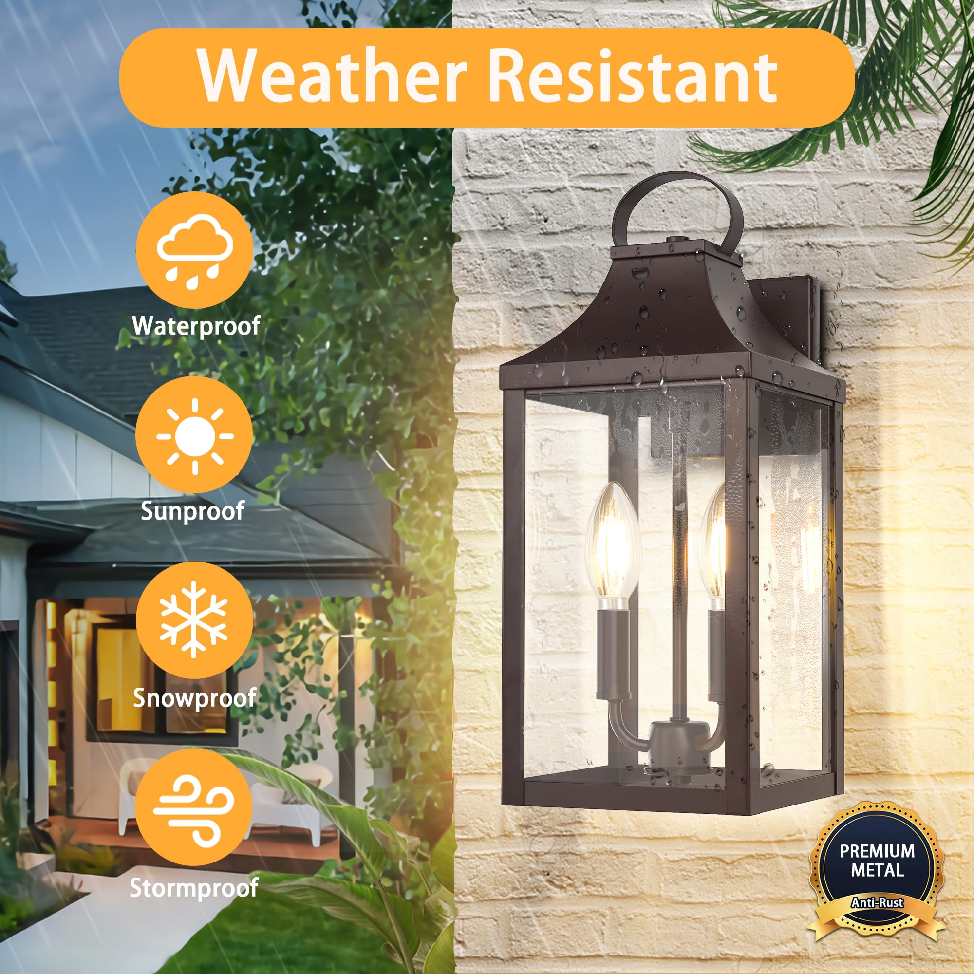 Myhxq 15 Black Outdoor Wall Lantern 2-Light  Outside Modern Wall Sconce Light Fixture  Industrial Porch Light Wall Mount With E12 Sockets  Waterproof Exterior Lamp Lighting  Brown