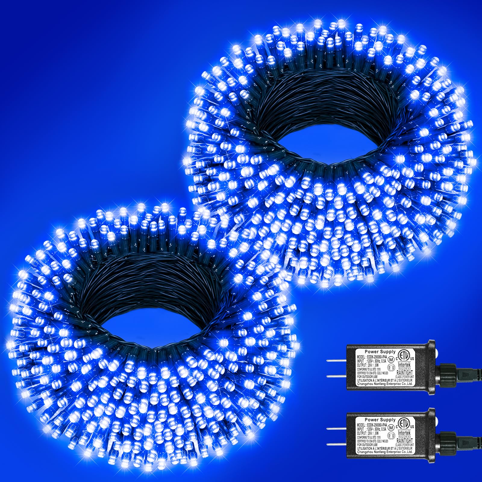 2 Pack Christmas Lights Outdoor  Total 200FT 600LED Christmas Tree Lights with 8 Modes Waterproof  Green Wire String Lights for Outside Patio Yard Tree Wedding Holiday Decorations  Blue