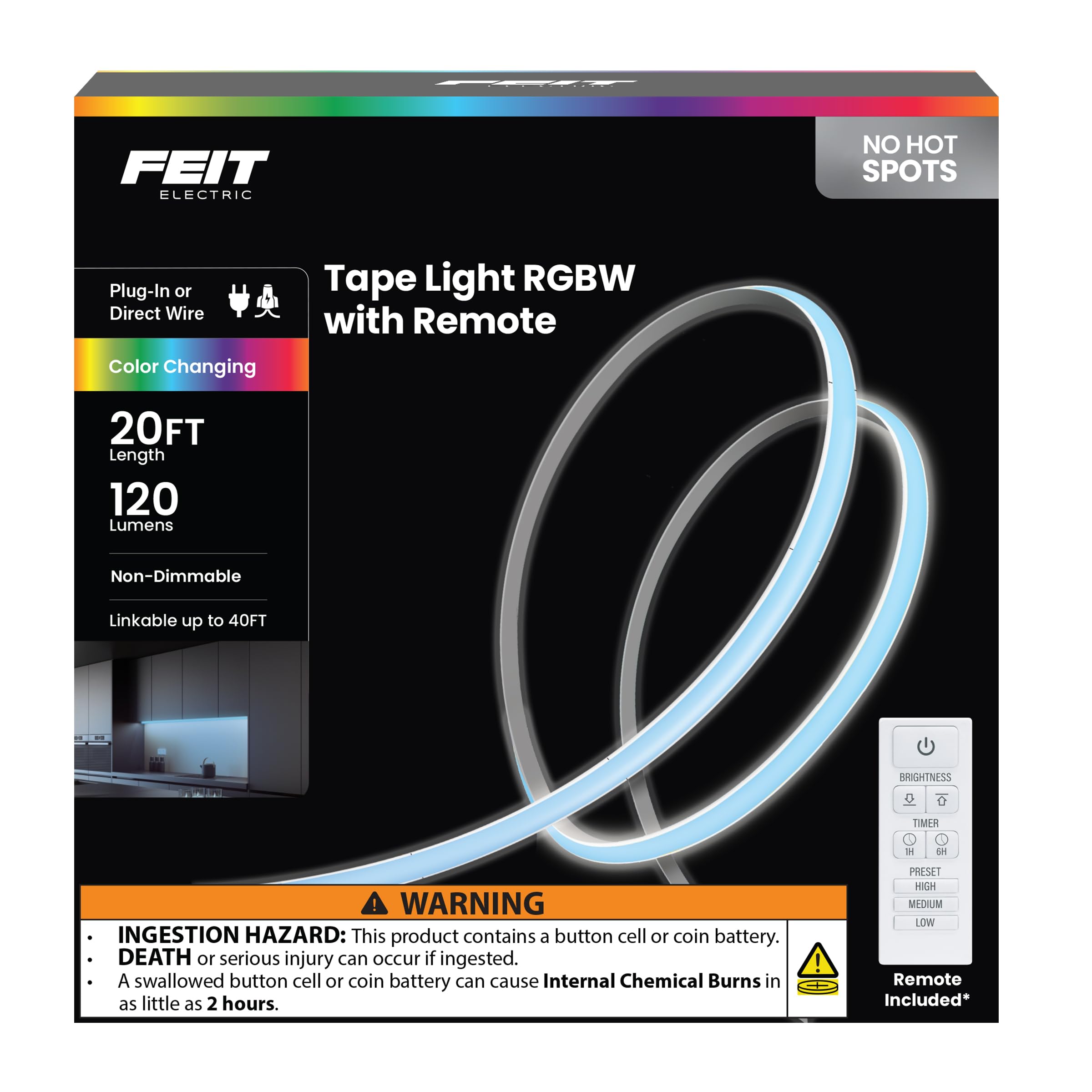 Feit Electric 20ft Color LED Tape Light, Ultra-Thin 10mm, RGB, Remote Control, Model TAPE240/COB/RGB