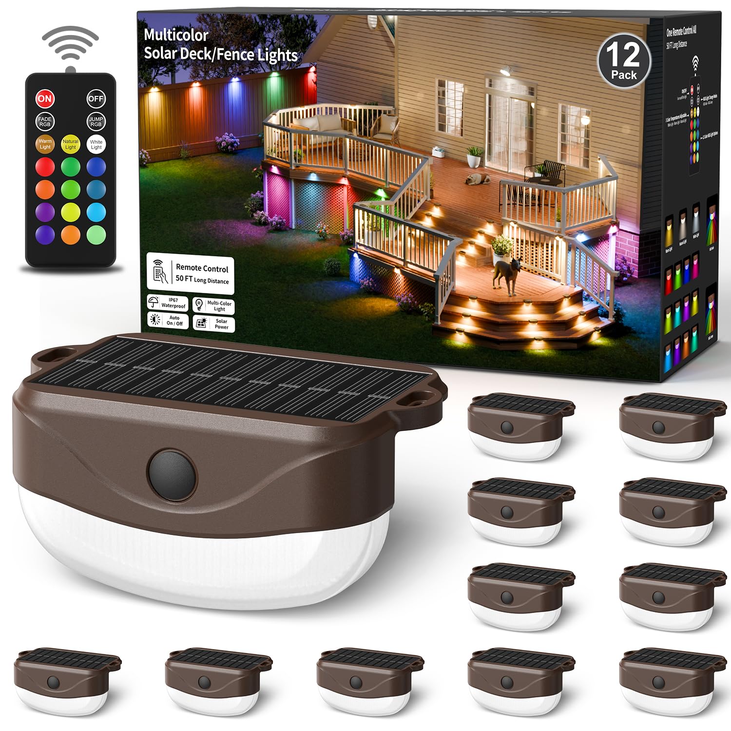 Hicotet Solar Fence Lights, 15 Multi Colors, IP67 Waterproof, 50ft, 12 Pack, Brown, Model LNM-WLD-01