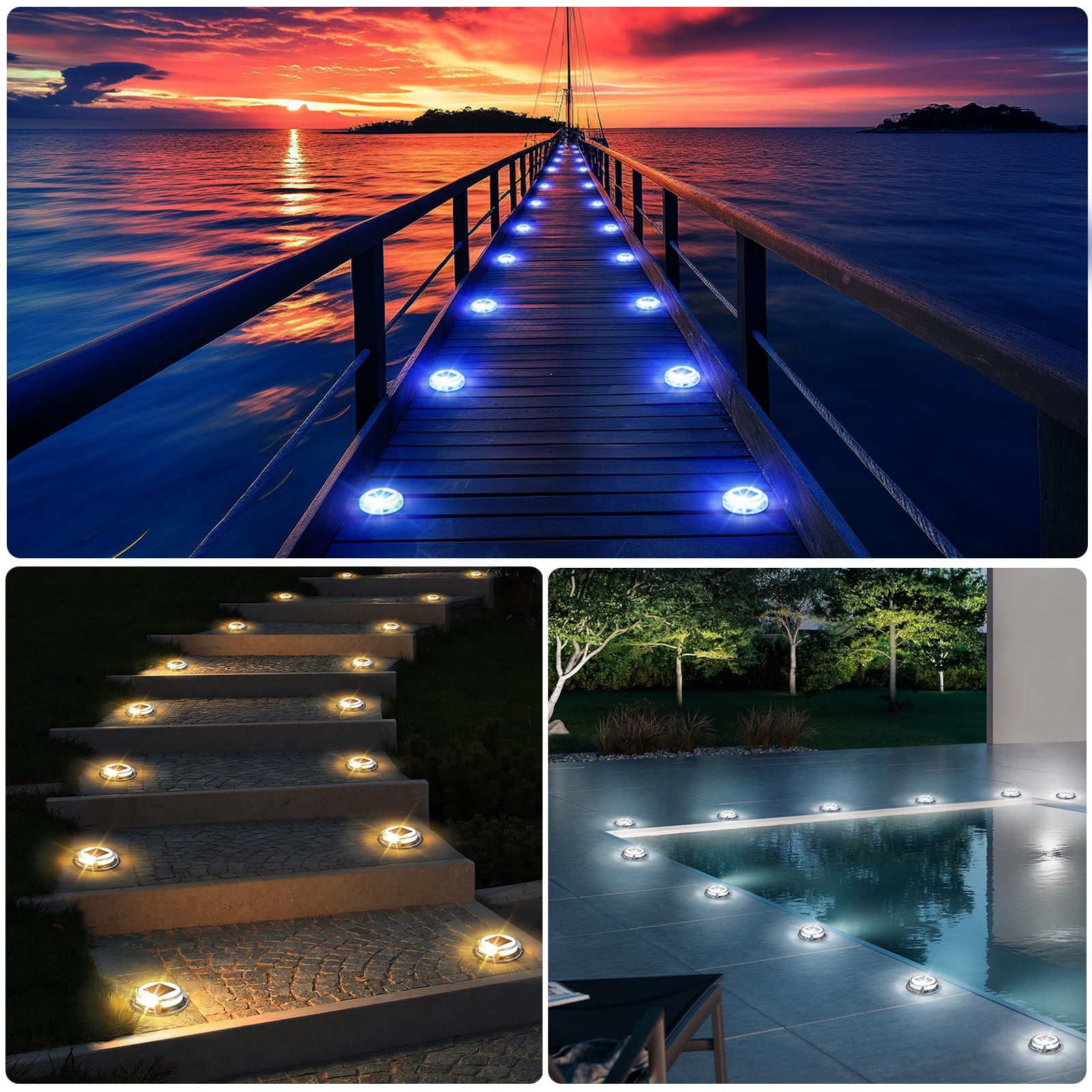 Quntis Solar Deck Lights, 4 Pack Outdoor Ip68 Waterproof, 3 Color Modes For Pathway & Driveway