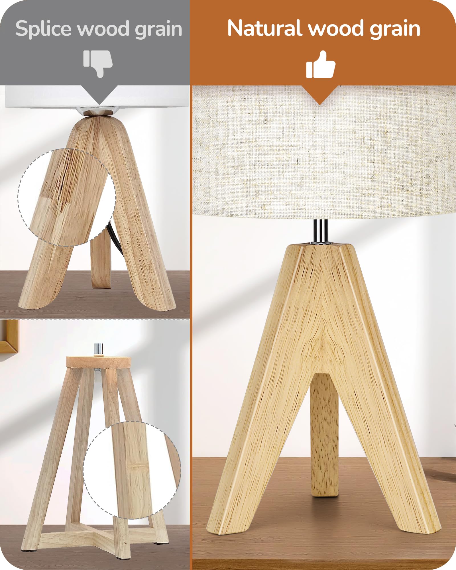 Edishine Small Table Lamp, Boho Bedside Lamp With Linen Fabric Shade, Wood Tripod Nightstand Lamp For Nursery, Living Room, Bedr