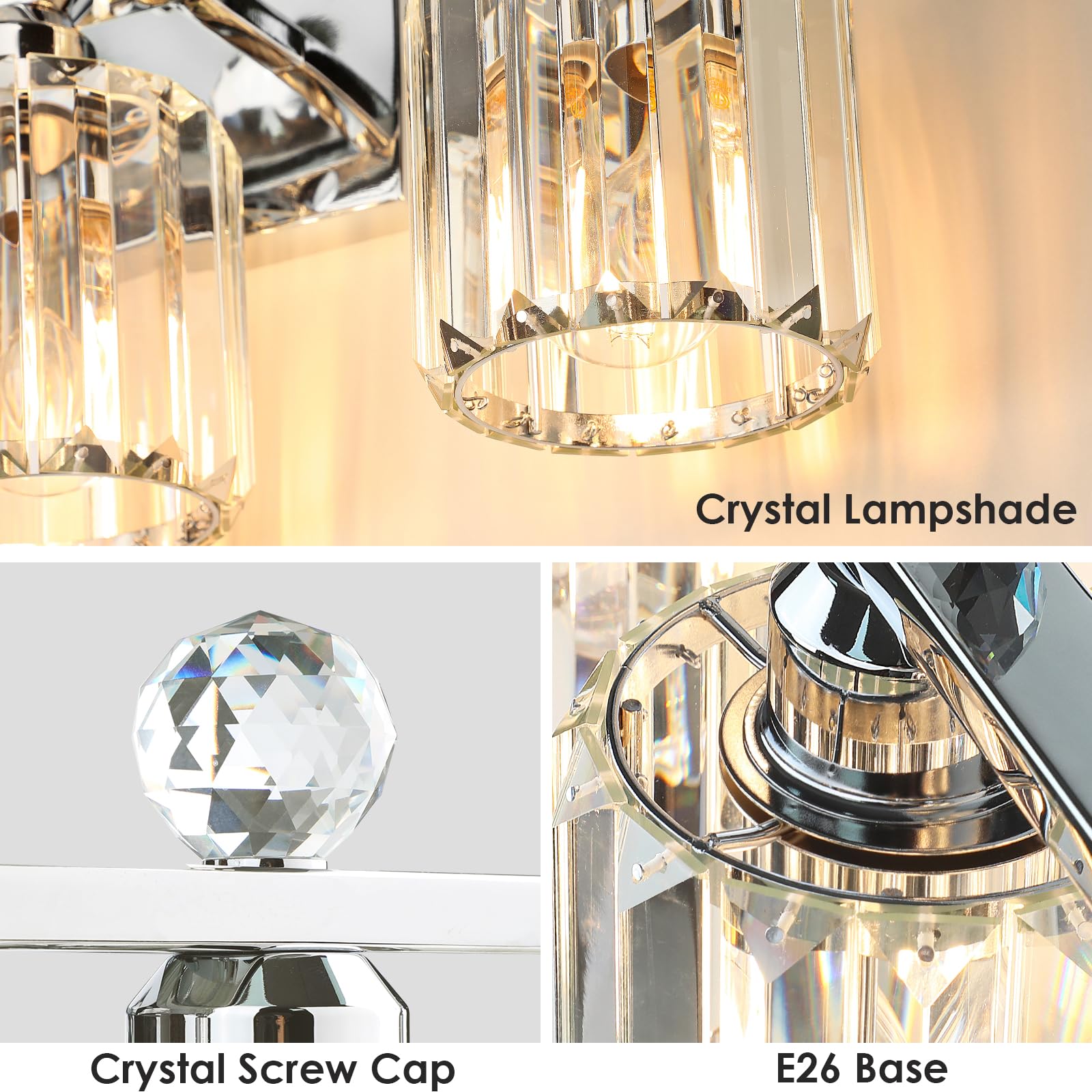 Kunruitai 2-Light Silvery Bathroom Light Fixtures,Modern Bathroom Vanity Lights Fixture With Clear Crystal Glass Shade,Brushed S