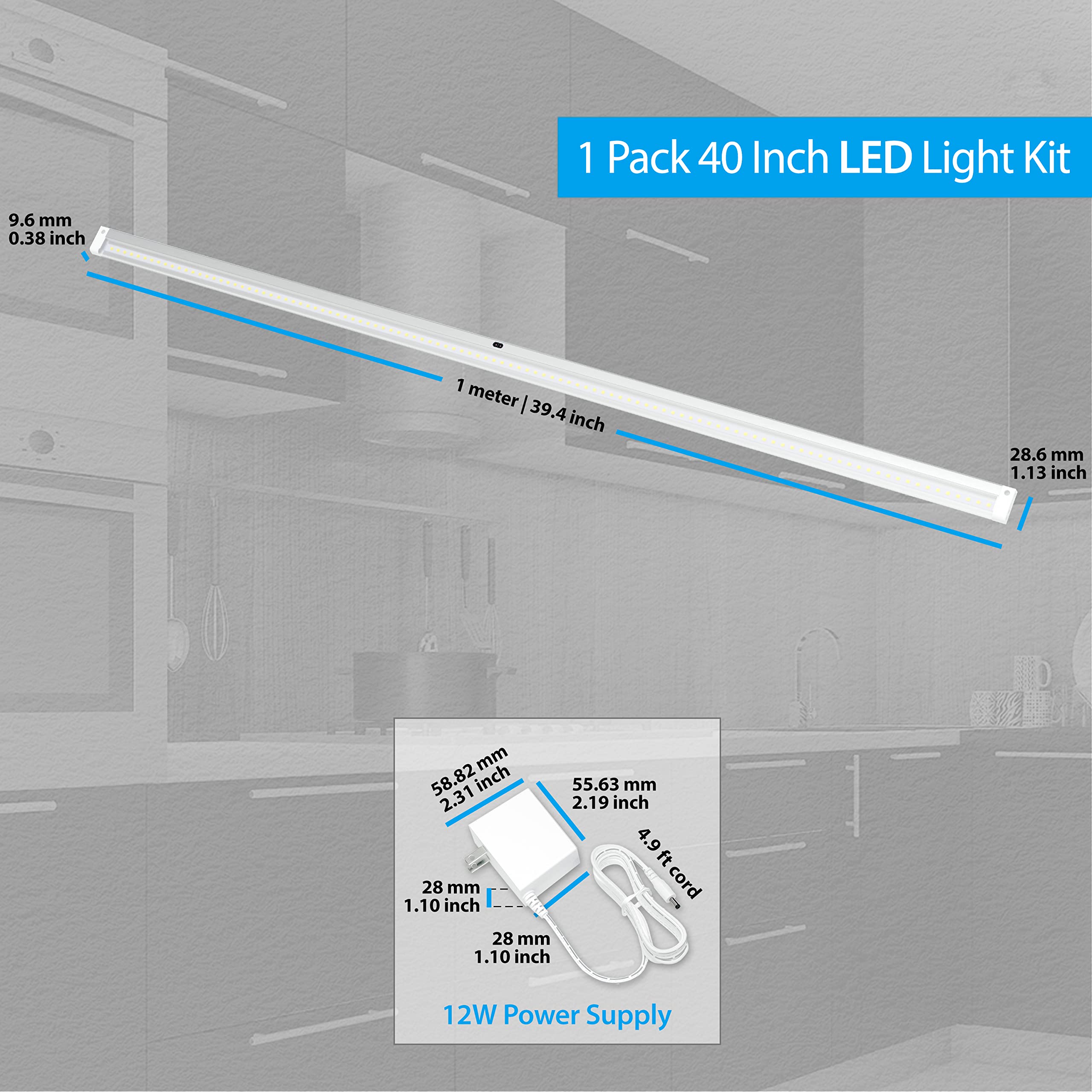 EShine LED Under Cabinet Lighting Kit, 40" Dimmable, Touchless Control, Warm White (3000K), Model ELW10001DW