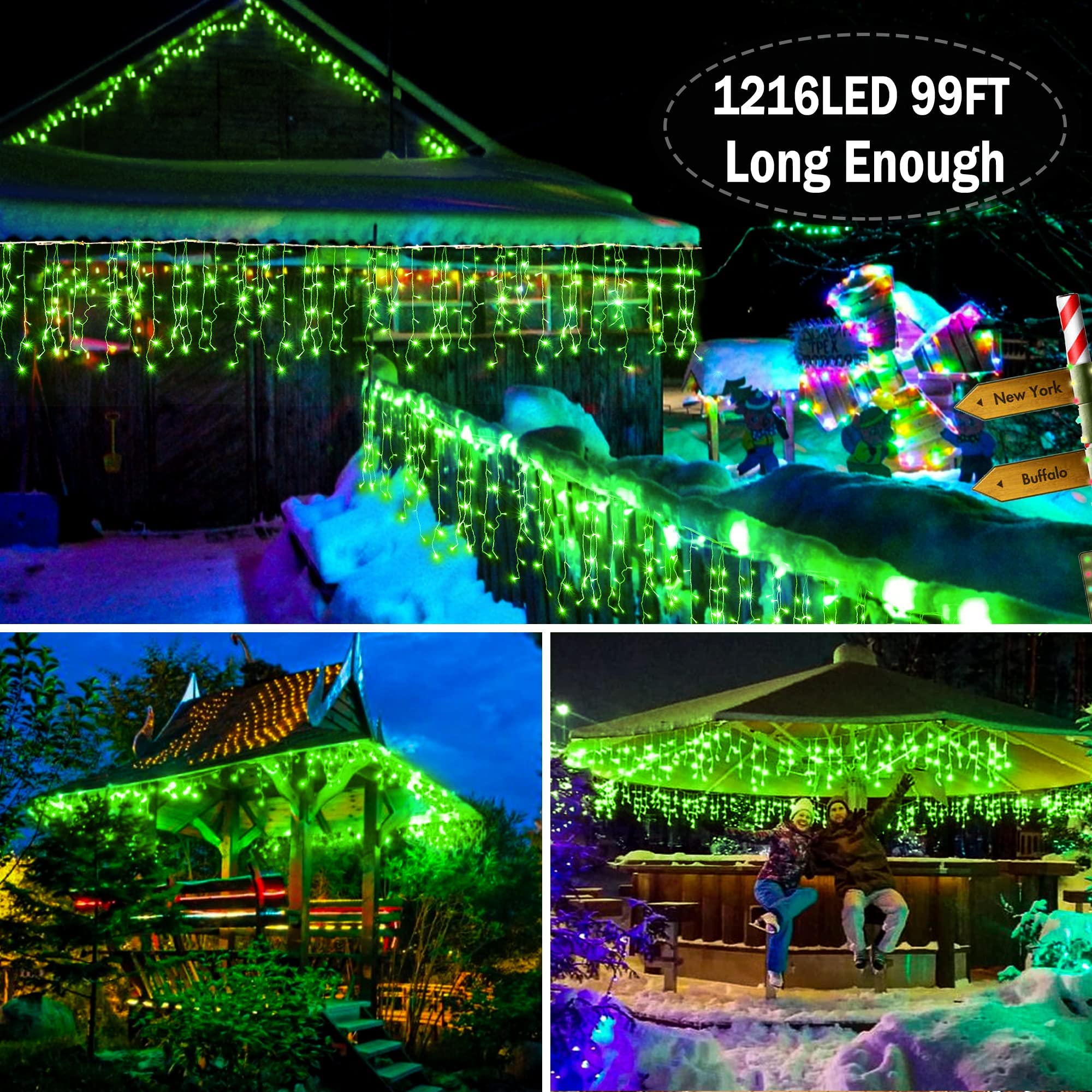 Knonew 99Ft 1216 Led Christmas Lights Outdoor Decorations With 228 Drops, 8 Modes Curtain Fairy Light, Clear Wire Led String Lig