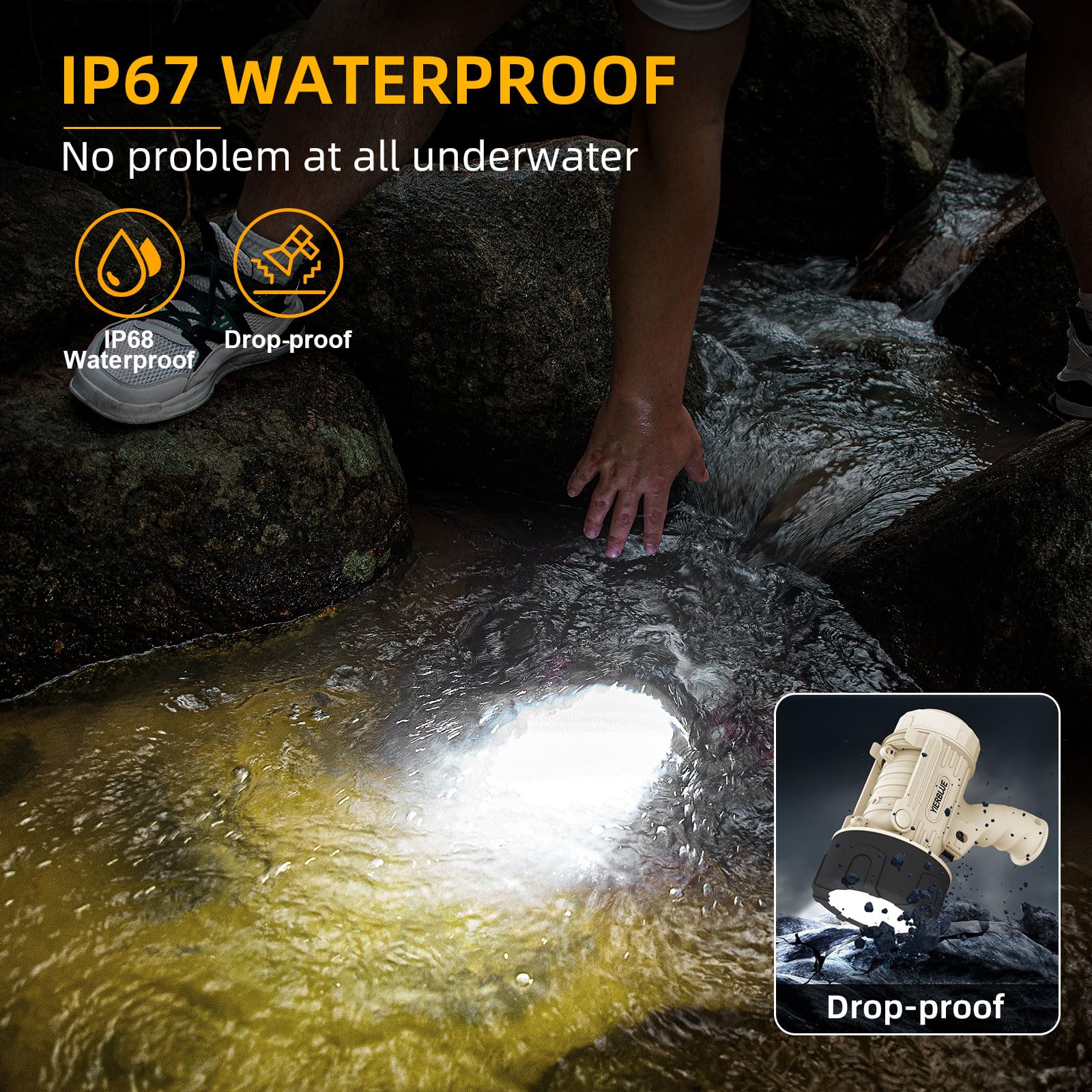 YIERBLUE Rechargeable Spotlight 100000 Lumen LED, IP67 Waterproof, Impact Resistant, Model YBN-COBP, Pearl Ultra Color