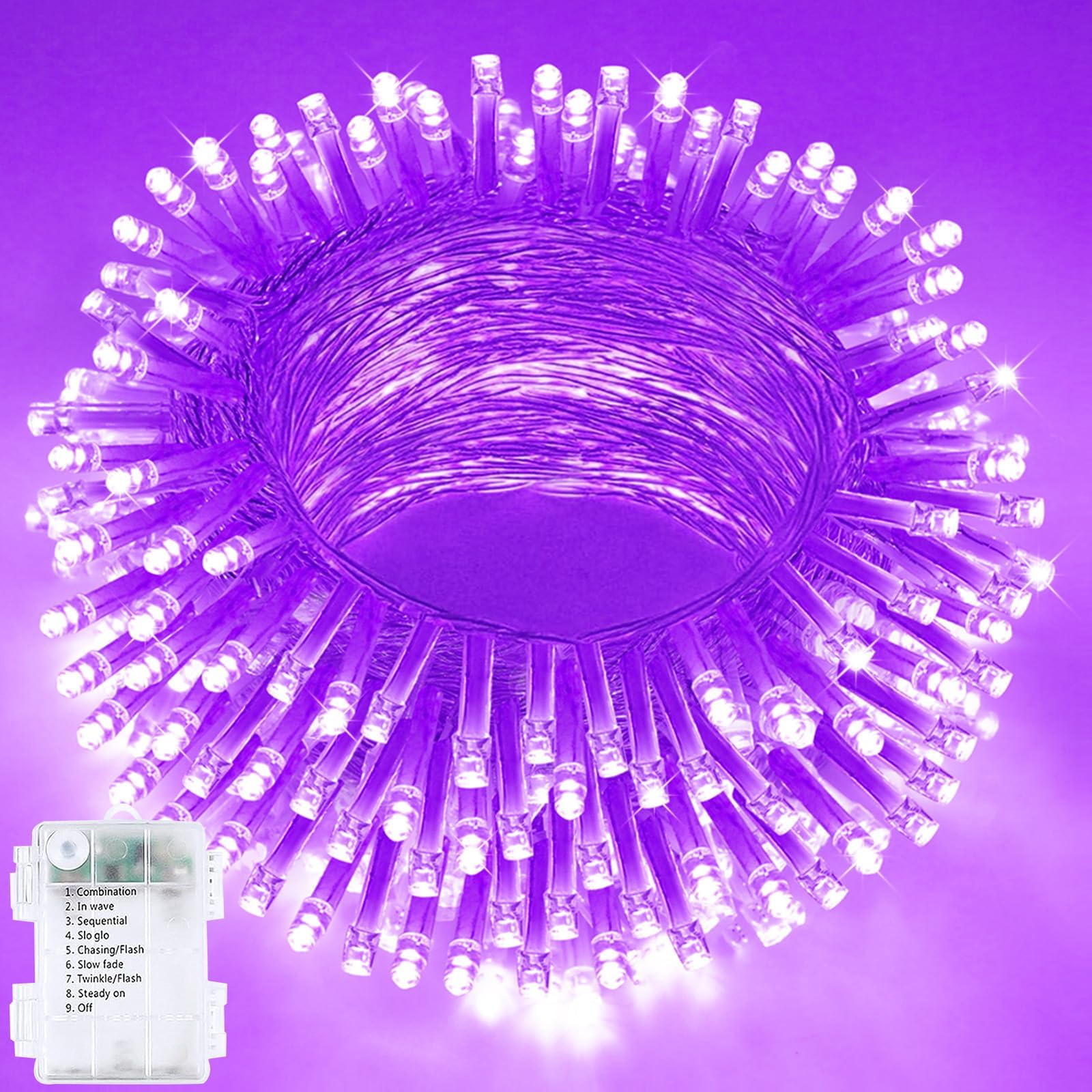Christmas String Lights Battery Operated with Auto Timer, 33FT 100 LED Waterproof Purple Twinkle Lights, 8 Modes Fairy Lights fo