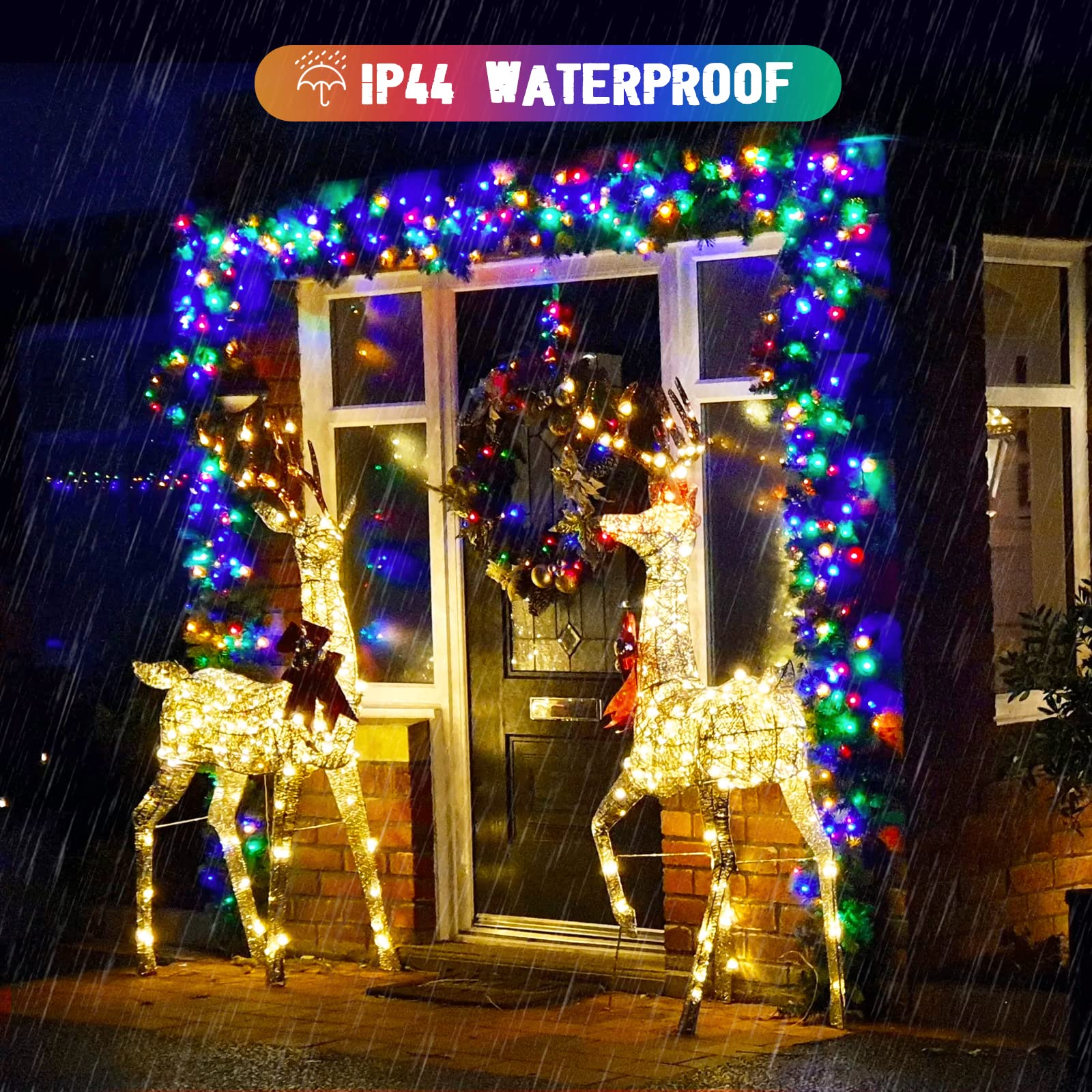 JMEXSUSS Solar Color Changing Christmas Lights, 200 LED, 75.5ft, Warm White & Multi-colored, Waterproof, Model JM-S-200, 2 Pack