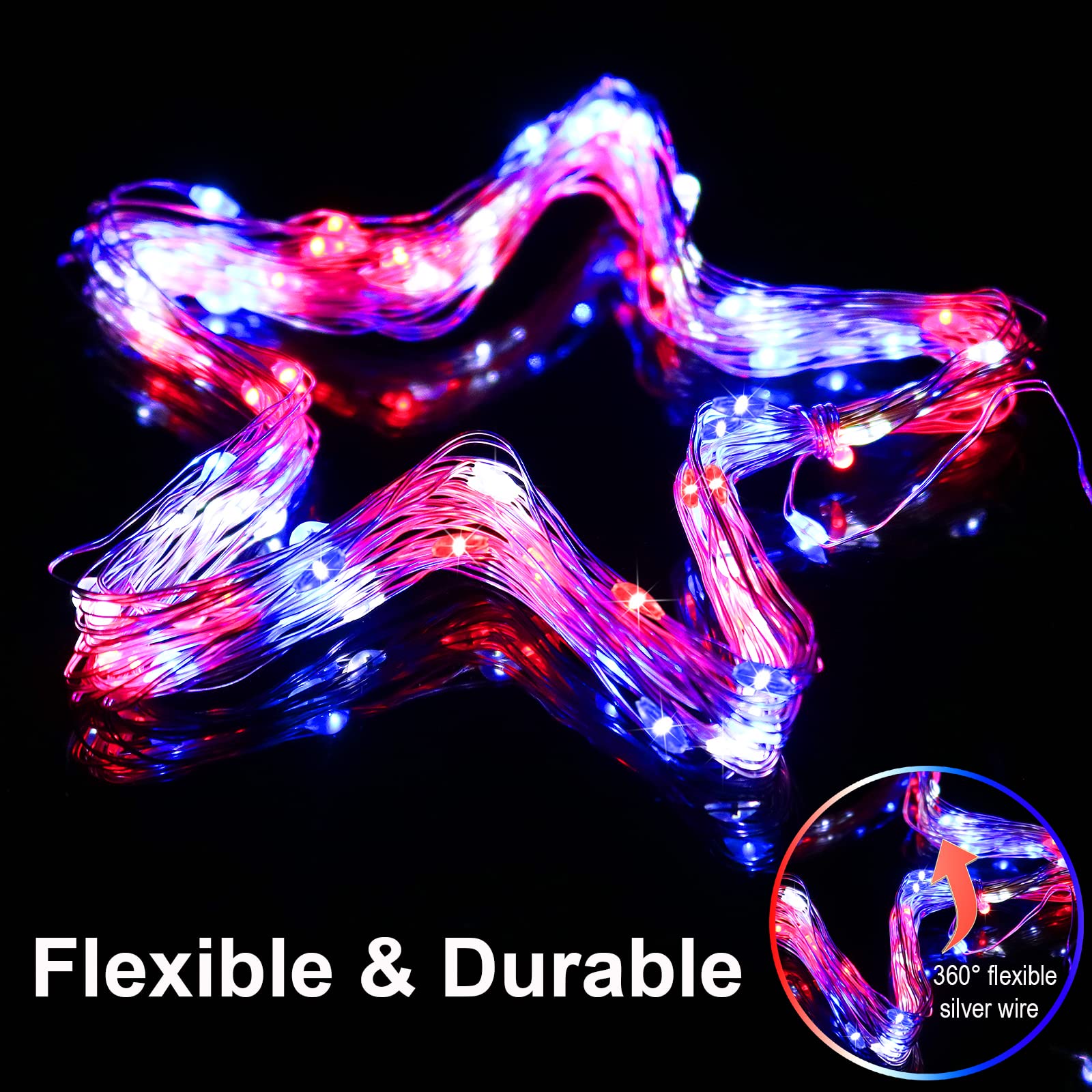 4Th Of July Patriotic Decorations Solar String Lights Outdoor Waterproof-Red White And Blue Lights,2Pack Each 100Led 33Ft,Ip67 W