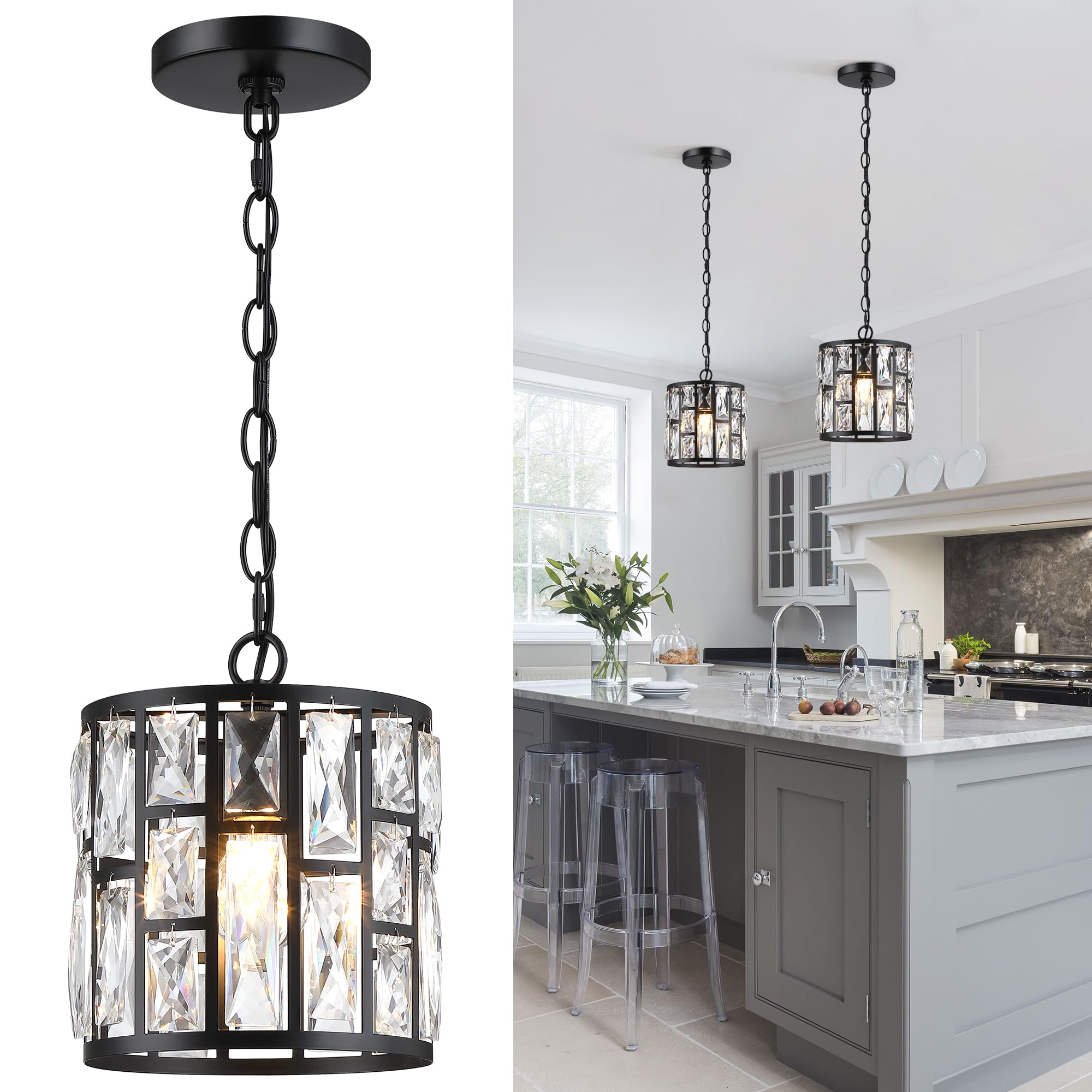 Modern Crystal Pendant Light,Black Chandelier Light Fixture, Cylinder Adjustable Height Pendant Lights for Kitchen,Dining Room,L