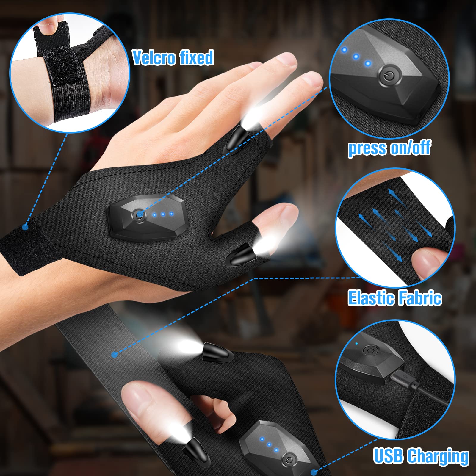 Hinshark LED Flashlight Gloves - Rechargeable, Nylon, One Size, Black - Unique Gifts for Men, Dad, Boyfriend, Husband