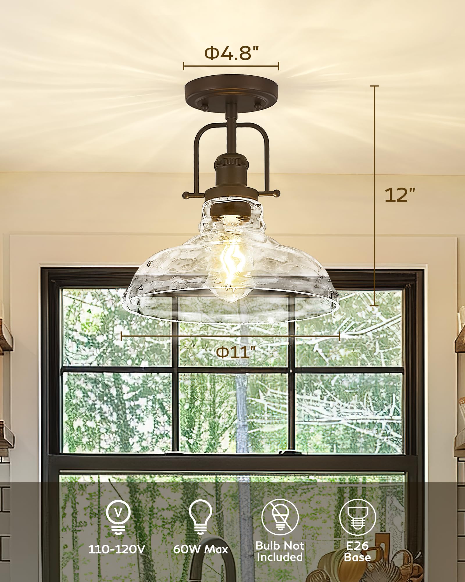 FEMILA 11in Farmhouse Flush Mount Ceiling Light, Oil Rubbed Bronze, Water Ripple Glass Shade, Model 4FY09-F ORB-WG