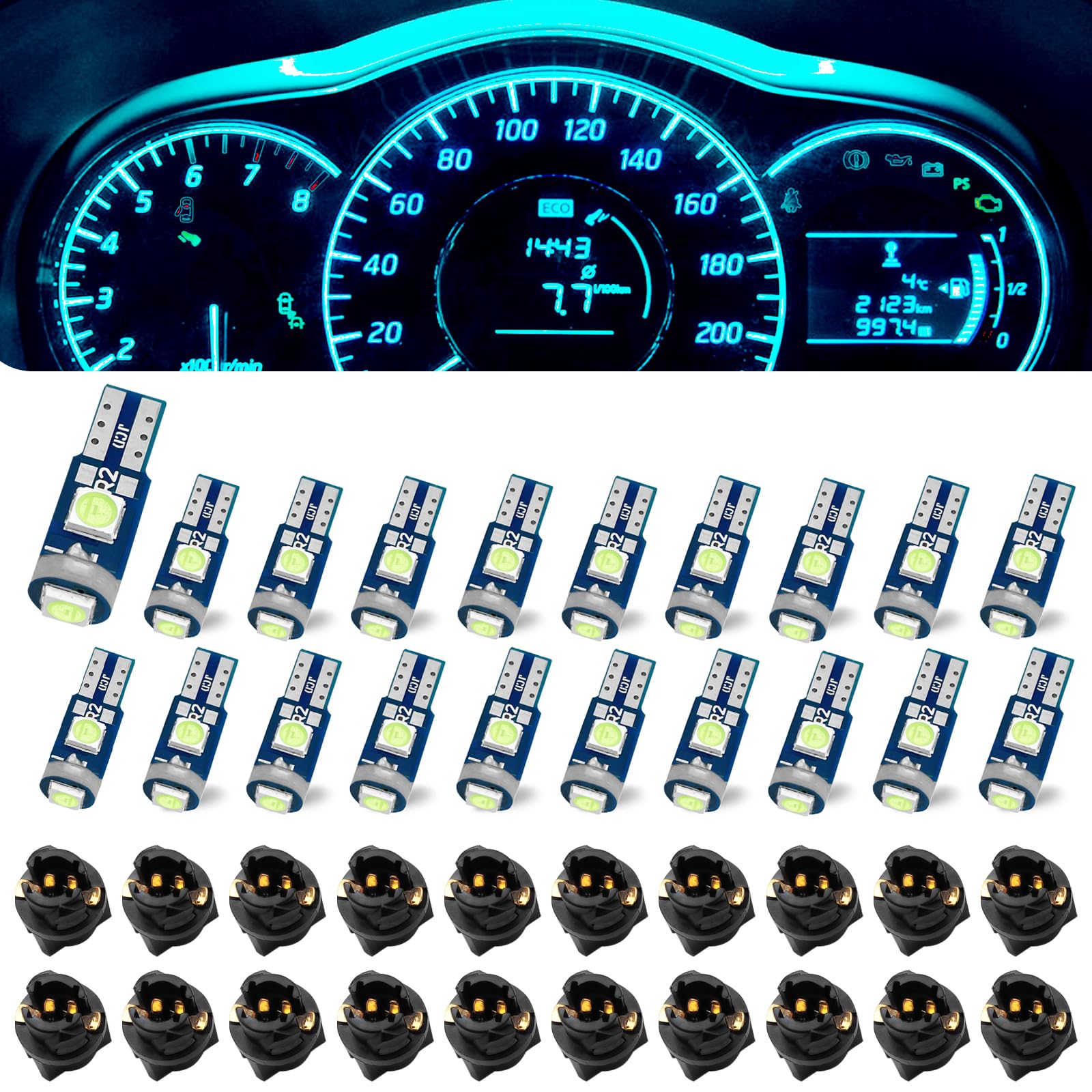 Damwot T5 37 74 LED Bulb Dash Lights Pack of 20 - Super Bright Ice Blue Twist Lock Socket